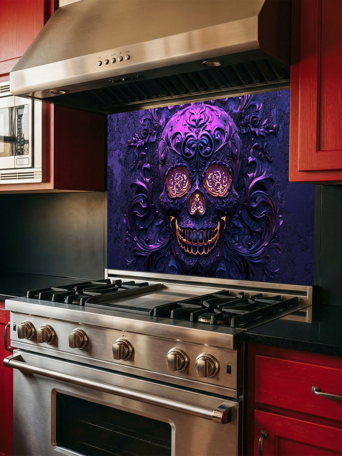 Tempered glass kitchen backsplash featuring a highly realistic 3D illusion of an embossed, intricately carved gothic skull with glowing gold eyes and teeth, surrounded by dark purple baroque filigree swirls, installed behind a modern black stove.