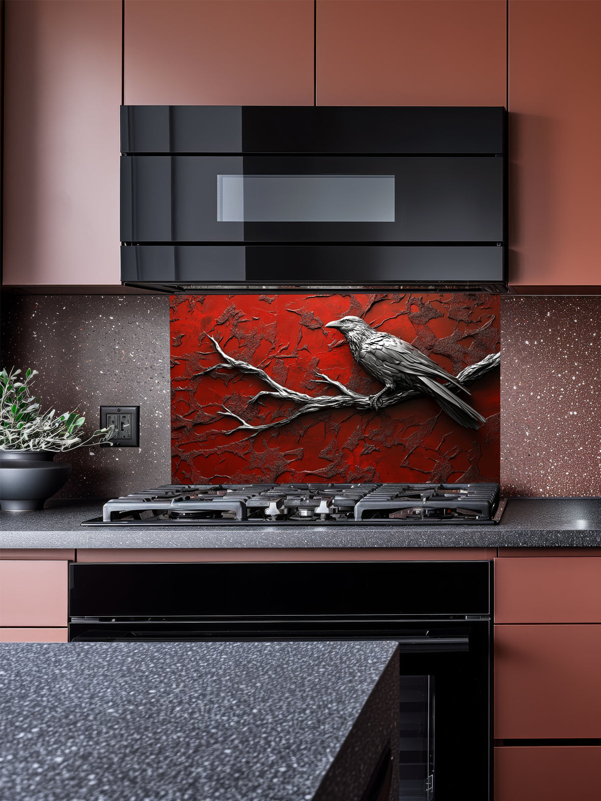 Tempered glass kitchen backsplash featuring a highly realistic 3D illusion of a sculpted metallic black raven perched on a bare branch against a heavily textured, distressed crimson red wall, installed behind a modern black stove.