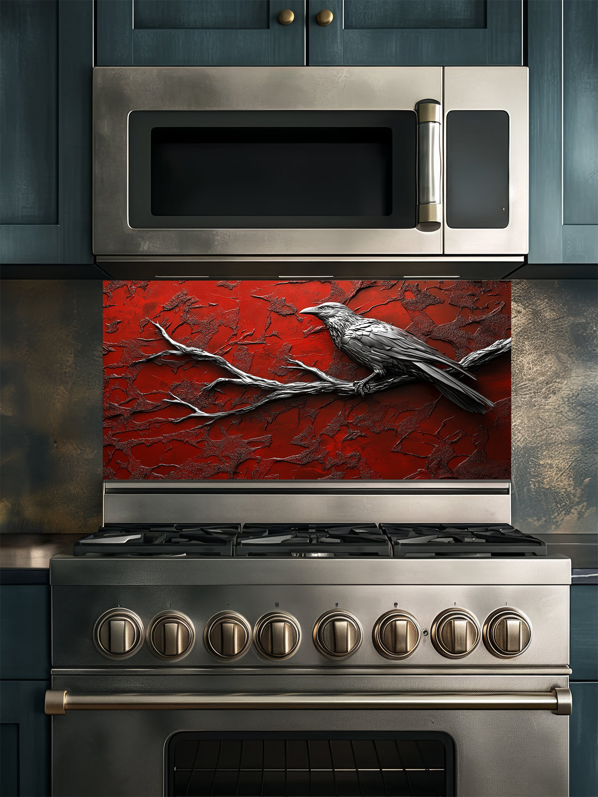 Tempered glass kitchen backsplash featuring a highly realistic 3D illusion of a sculpted metallic black raven perched on a bare branch against a heavily textured, distressed crimson red wall, installed behind a modern black stove.