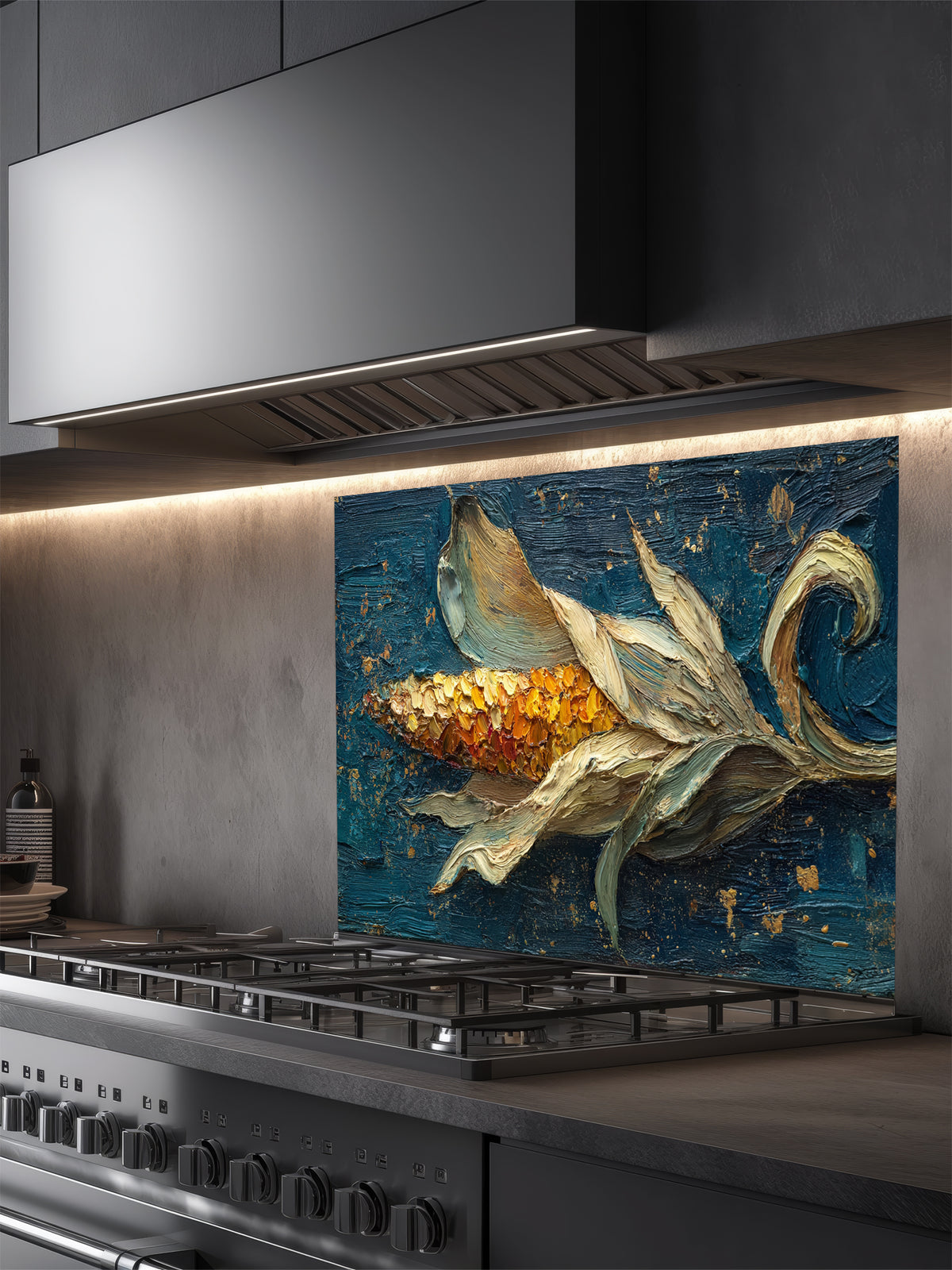 Tempered glass kitchen backsplash featuring a highly realistic 3D illusion of a thick impasto oil painting created with a palette knife, showing a golden ear of corn with flowing husks against a dark teal background with gold splatters, installed behind a modern black stove.
