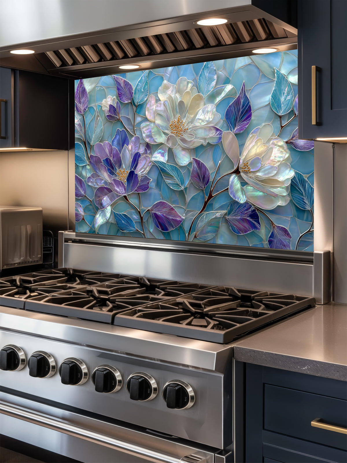 Tempered glass kitchen backsplash featuring a highly realistic 3D illusion of stained glass and mother-of-pearl mosaic art, showing large, elegant blooming flowers in iridescent shades of pearlescent white, lavender, and purple with flowing aqua blue leaves, installed behind a modern black stove.