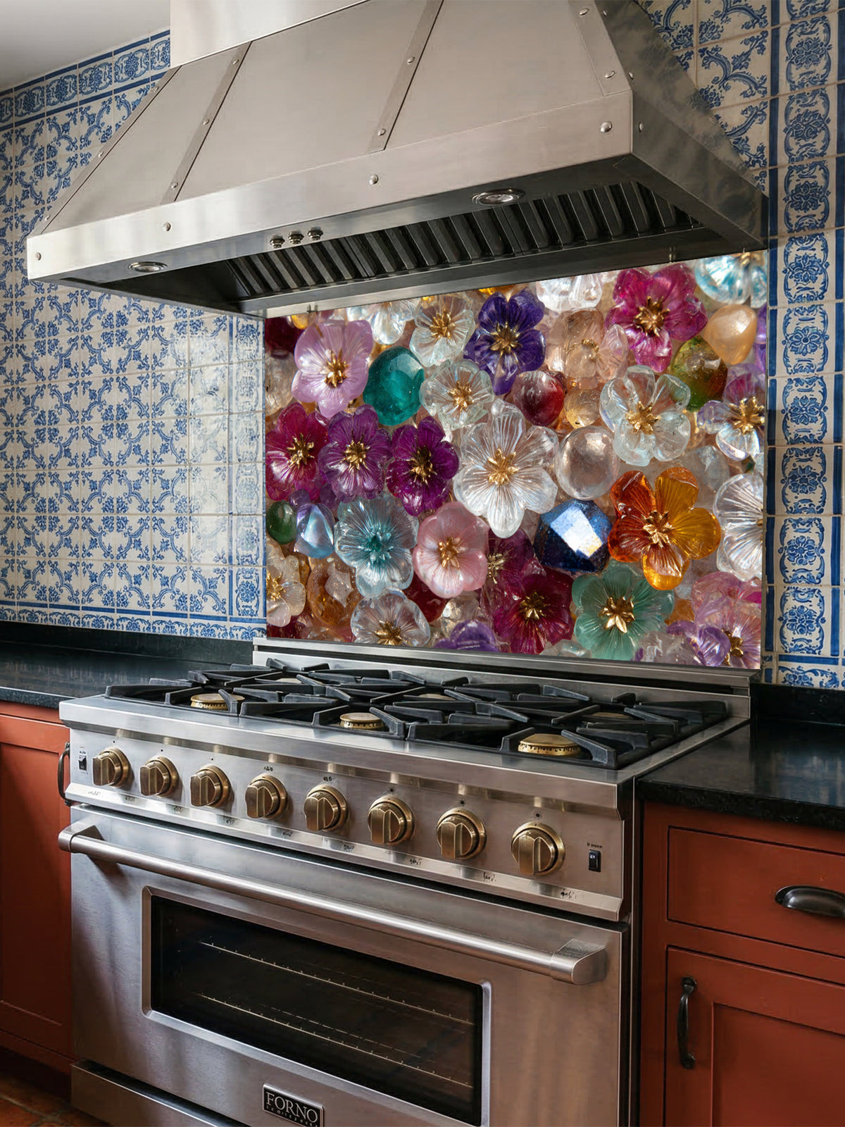 Tempered glass kitchen backsplash featuring a highly realistic 3D illusion of a dense, sparkling mosaic made of translucent glass flowers and crystal gems in vibrant jewel tones of purple, ruby, sapphire, emerald, and gold, installed behind a modern black stove.