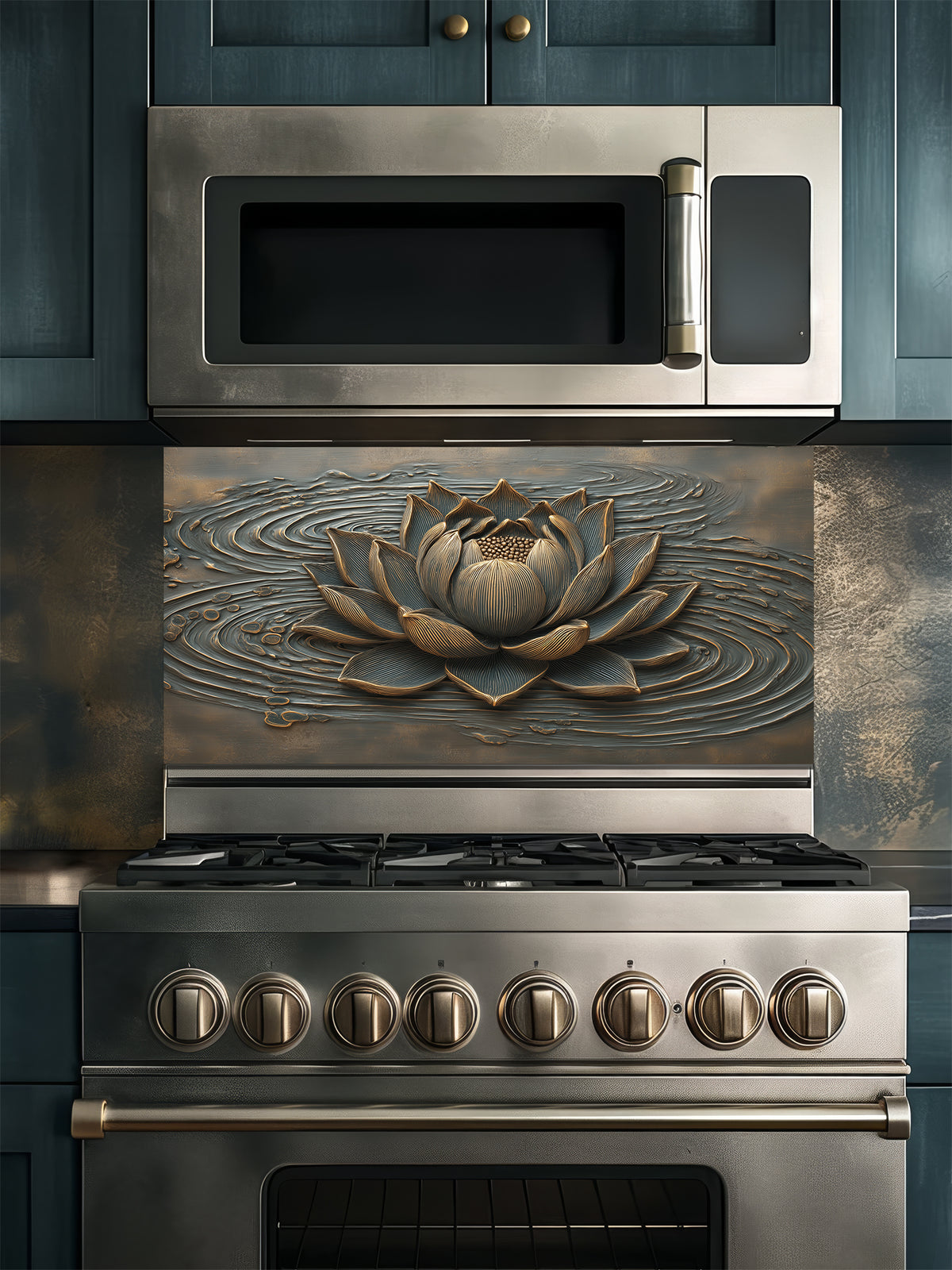 Faux 3D sculpted relief of a lotus flower with bronze highlights and rippling water waves on a dark background, UV printed on a smooth tempered glass kitchen backsplash.