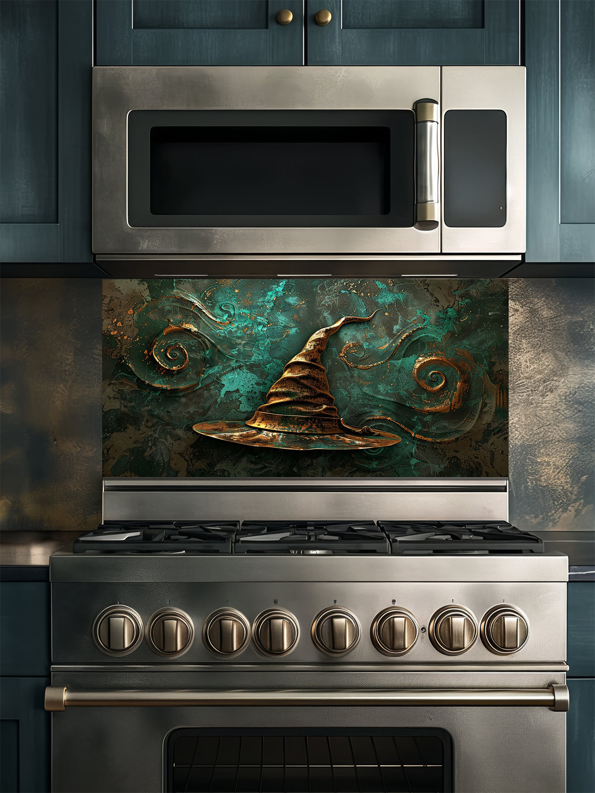 Tempered glass kitchen backsplash featuring a highly realistic 3D illusion of an antique gold sculpted witch or wizard hat surrounded by magical swirling patterns against a textured deep teal background, installed behind a modern black stove.