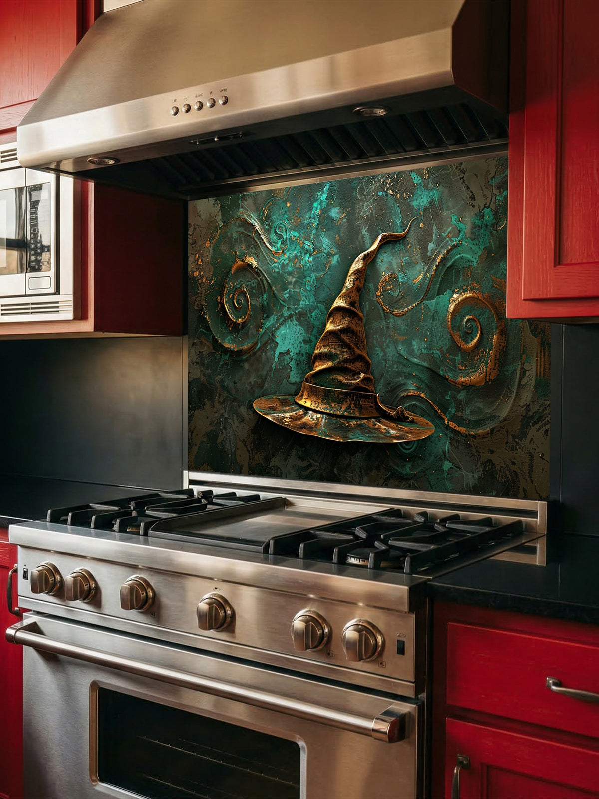 Tempered glass kitchen backsplash featuring a highly realistic 3D illusion of an antique gold sculpted witch or wizard hat surrounded by magical swirling patterns against a textured deep teal background, installed behind a modern black stove.