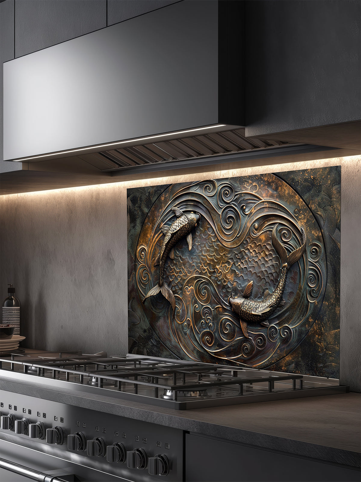 Tempered glass kitchen backsplash featuring a highly realistic 3D faux metal design of two Koi fish swimming in a circular Yin-Yang pattern among swirling waves in antique bronze and dark oxidized tones, installed behind a modern stainless steel stove.