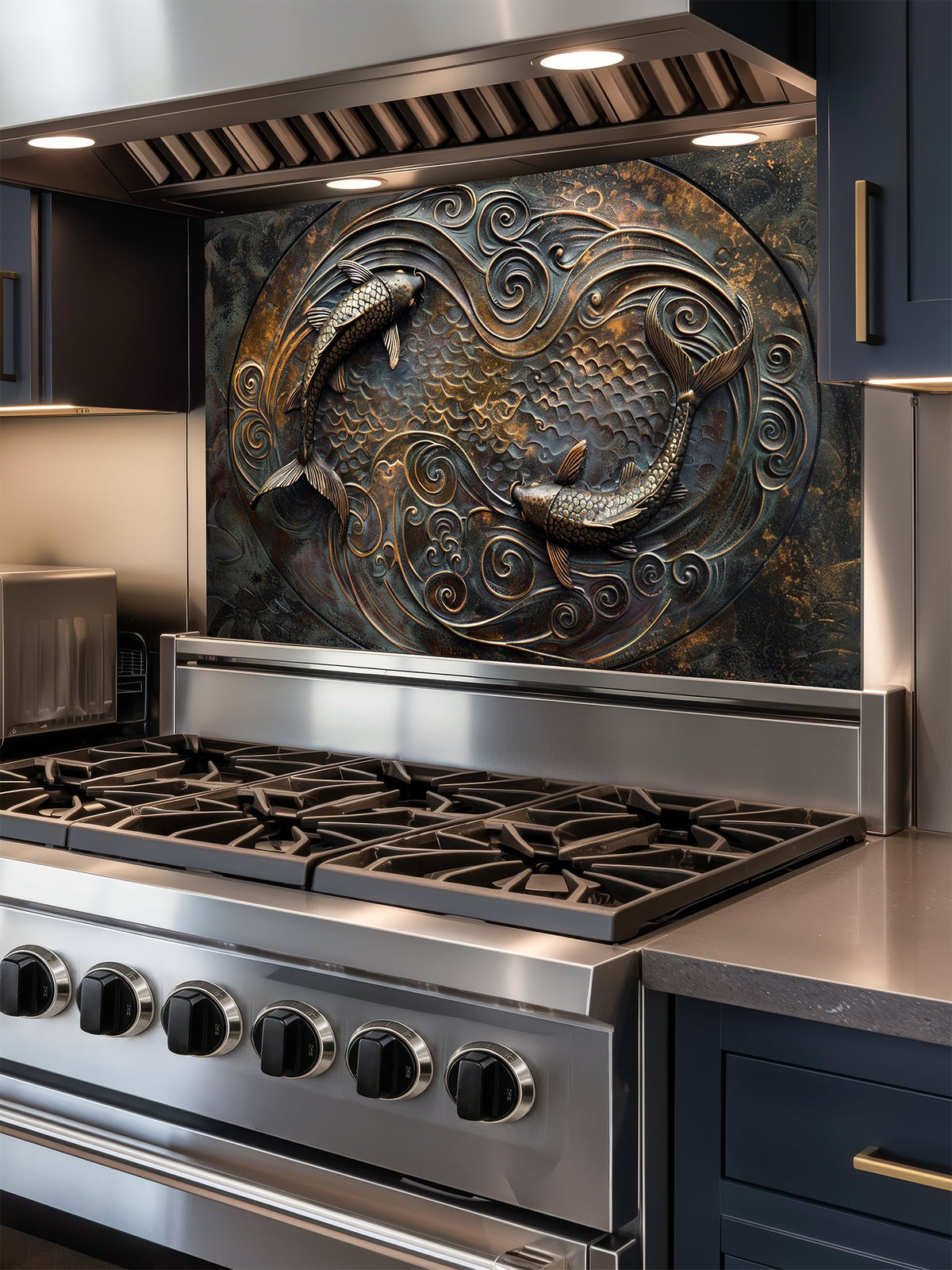 Tempered glass kitchen backsplash featuring a highly realistic 3D faux metal design of two Koi fish swimming in a circular Yin-Yang pattern among swirling waves in antique bronze and dark oxidized tones, installed behind a modern stainless steel stove.