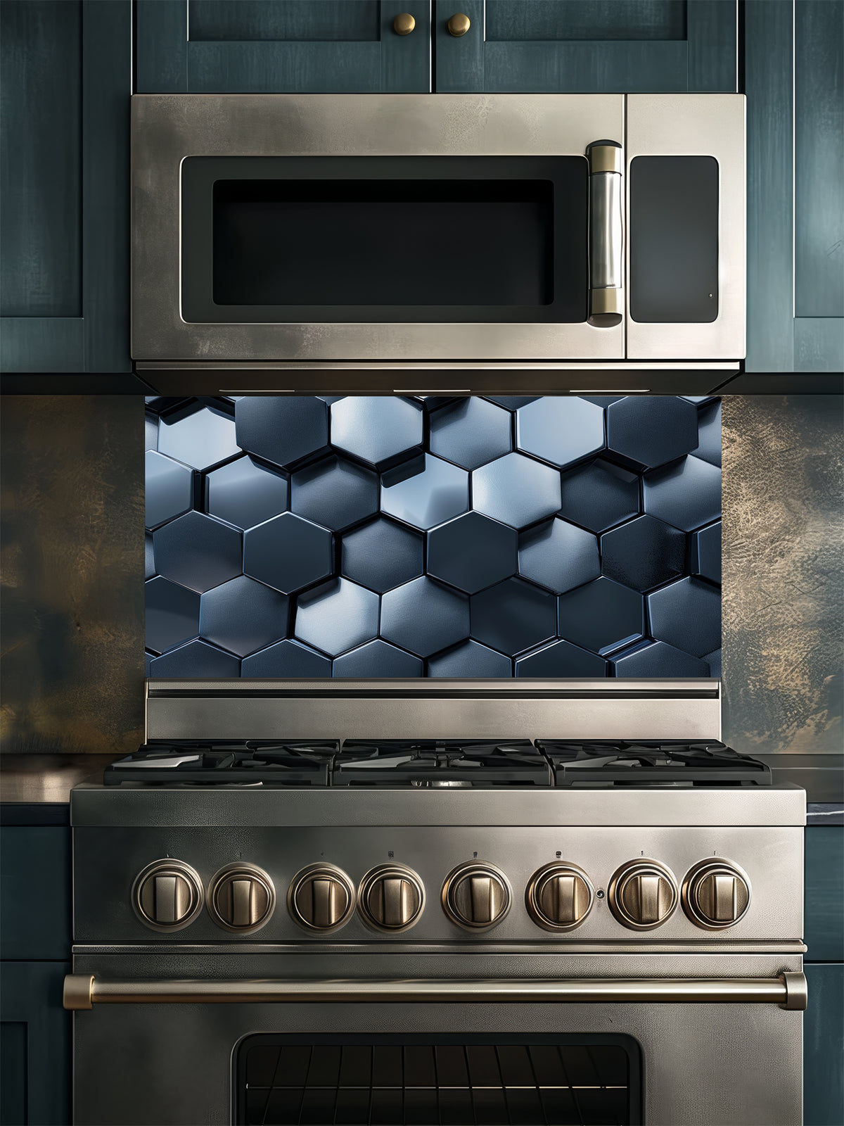 Faux 3D effect dark gunmetal metallic hexagon honeycomb tiles, UV printed on a smooth tempered glass kitchen backsplash, installed behind a modern stove.