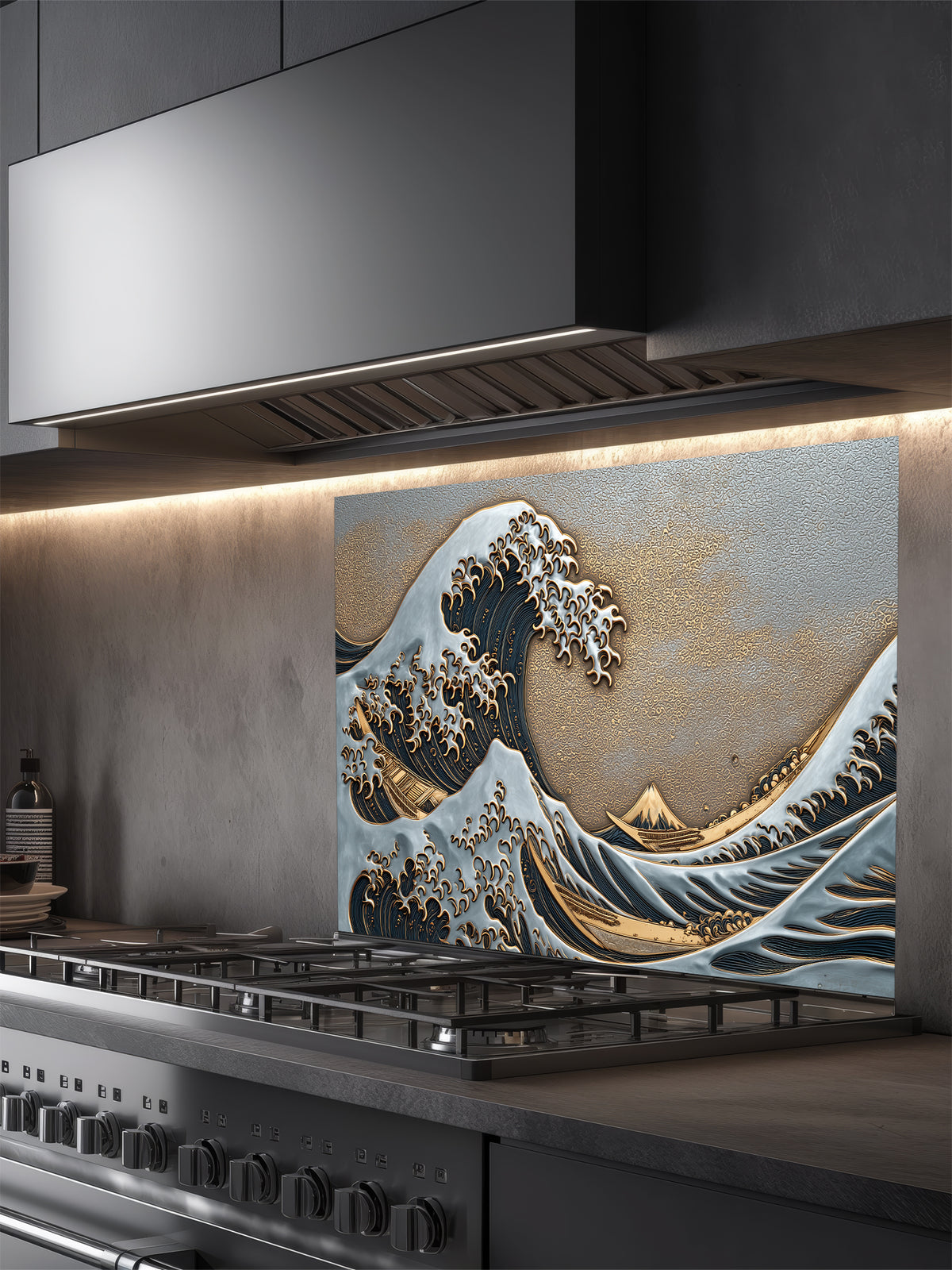 Faux 3D sculpted mixed metal relief of the Great Wave featuring silver crests, deep navy blue water, and a textured gold sky, UV printed on a smooth tempered glass kitchen backsplash.