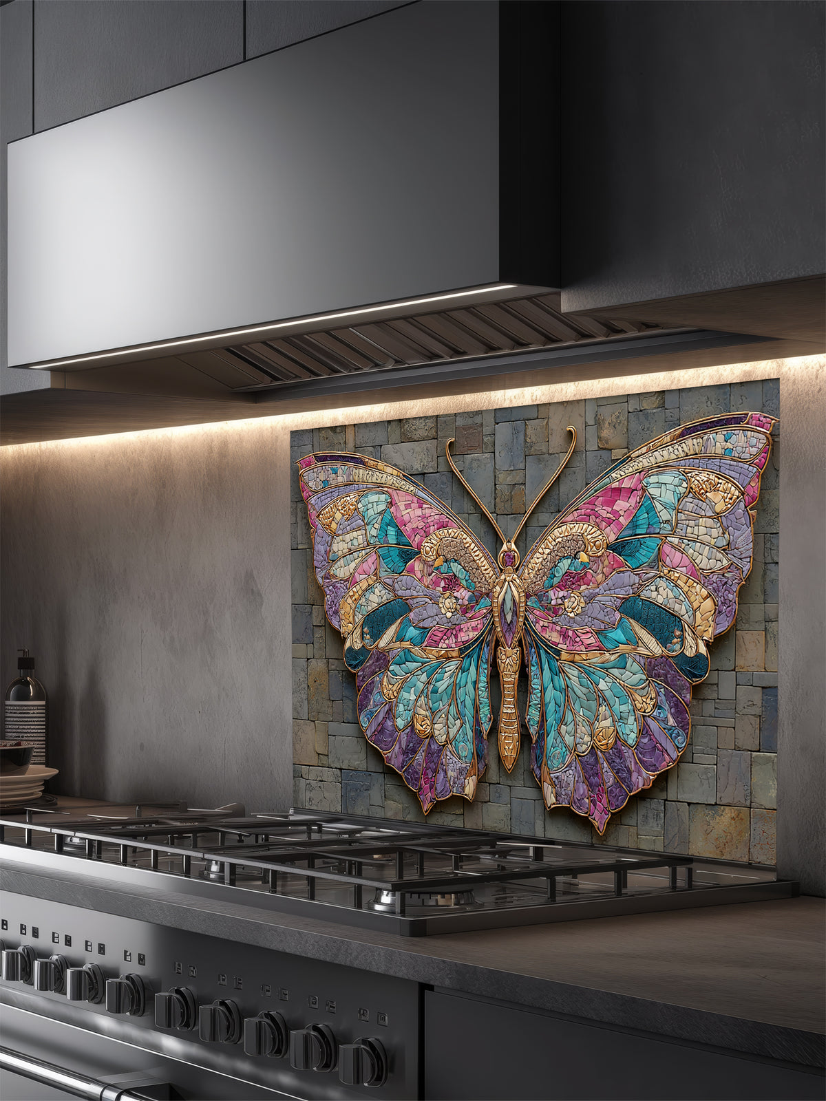 Tempered glass kitchen backsplash featuring a highly realistic 3D illusion of mixed-media art, showing a vibrant mosaic butterfly in jewel tones of teal, purple, and gold resting against a rugged, textured dark grey slate stone brick background, installed behind a modern black stove.