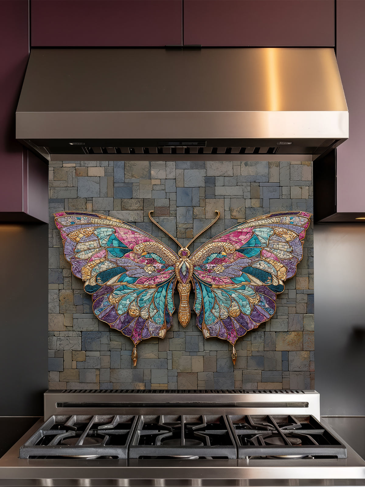 Tempered glass kitchen backsplash featuring a highly realistic 3D illusion of mixed-media art, showing a vibrant mosaic butterfly in jewel tones of teal, purple, and gold resting against a rugged, textured dark grey slate stone brick background, installed behind a modern black stove.