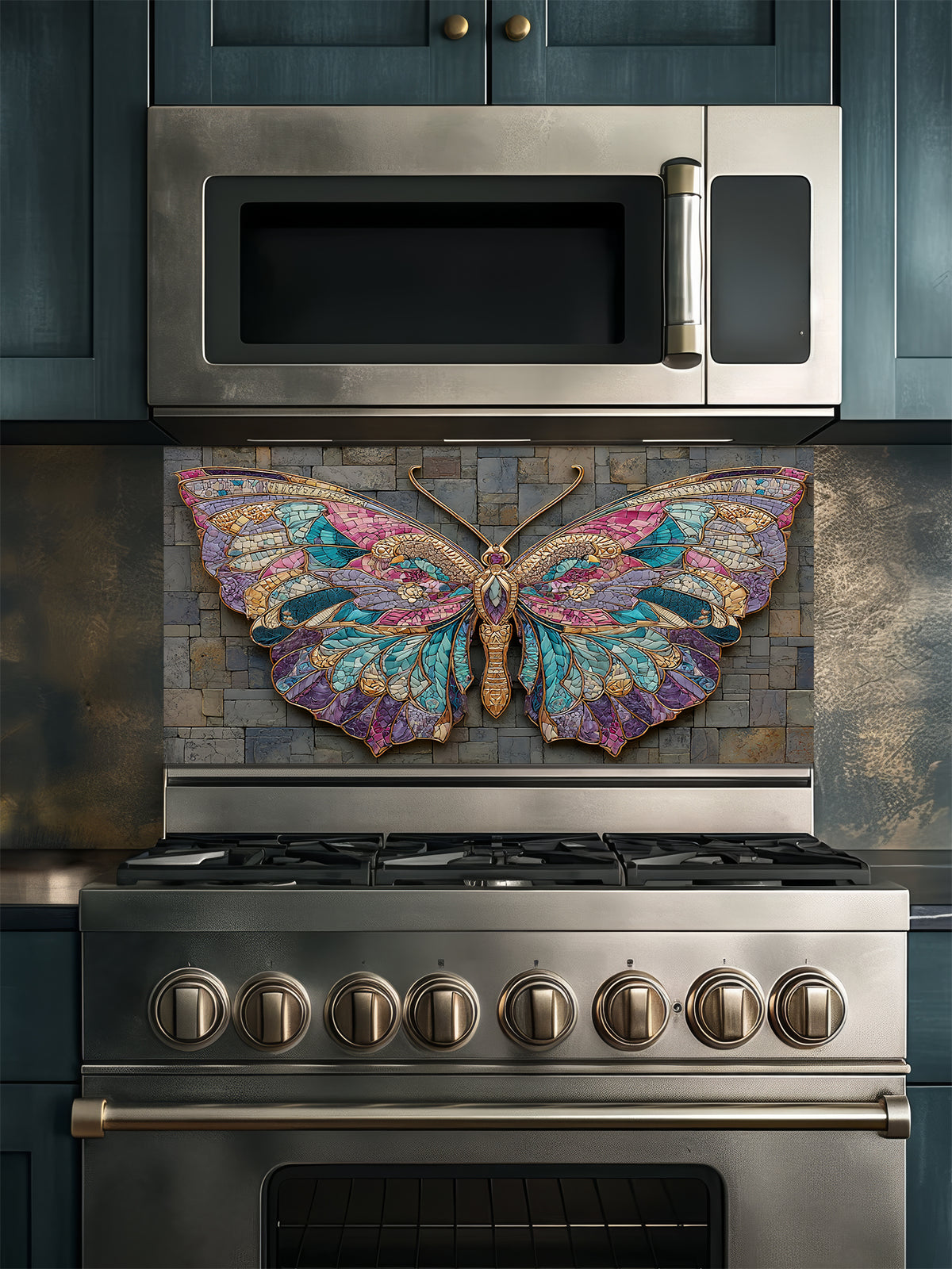 Tempered glass kitchen backsplash featuring a highly realistic 3D illusion of mixed-media art, showing a vibrant mosaic butterfly in jewel tones of teal, purple, and gold resting against a rugged, textured dark grey slate stone brick background, installed behind a modern black stove.