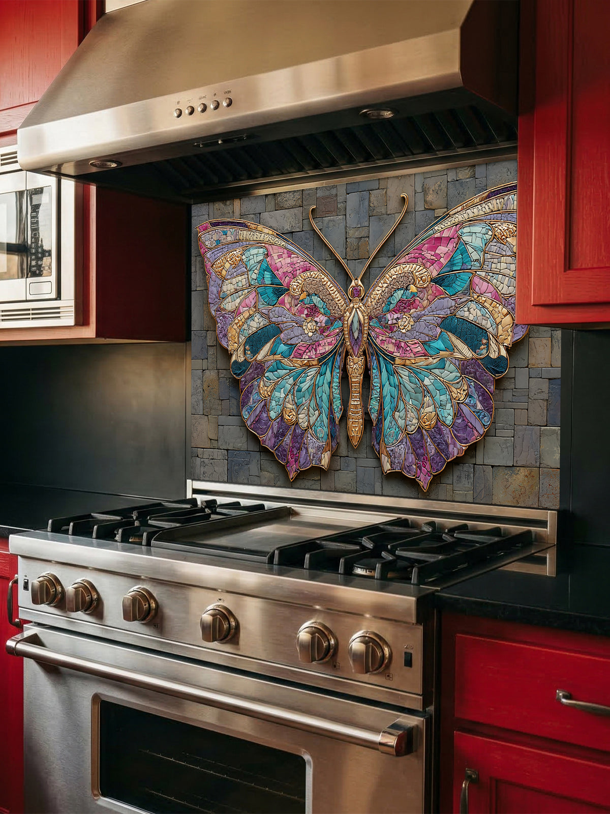 Tempered glass kitchen backsplash featuring a highly realistic 3D illusion of mixed-media art, showing a vibrant mosaic butterfly in jewel tones of teal, purple, and gold resting against a rugged, textured dark grey slate stone brick background, installed behind a modern black stove.