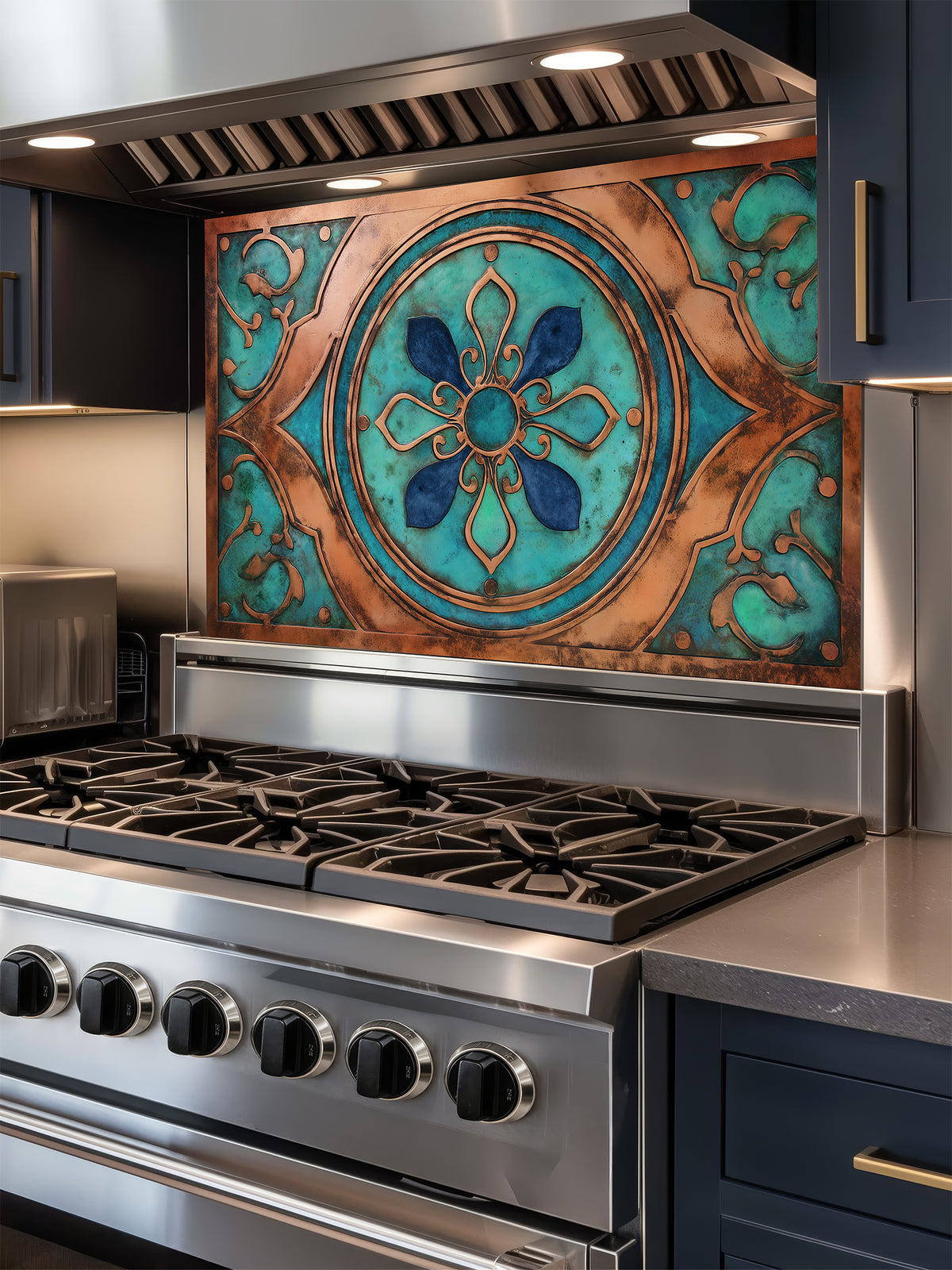 Tempered glass kitchen backsplash featuring a highly realistic 3D faux metal design of an ornate Moroccan floral mandala in oxidized copper with rich teal patina accents, installed behind a modern stainless steel stove.