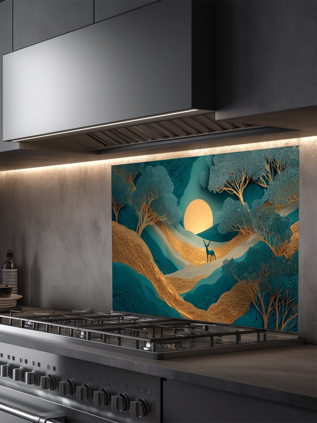 Faux 3D layered paper art of a mystical teal and gold forest with a deer and glowing moon, UV printed on a smooth tempered glass kitchen backsplash, installed behind a modern stove.