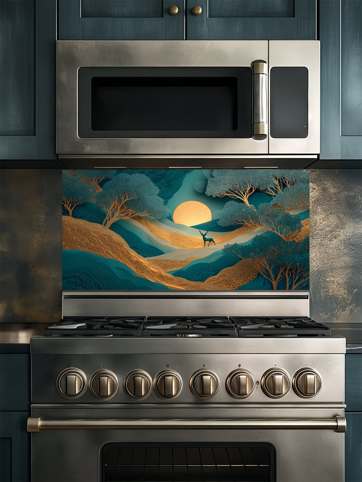 Faux 3D layered paper art of a mystical teal and gold forest with a deer and glowing moon, UV printed on a smooth tempered glass kitchen backsplash, installed behind a modern stove.