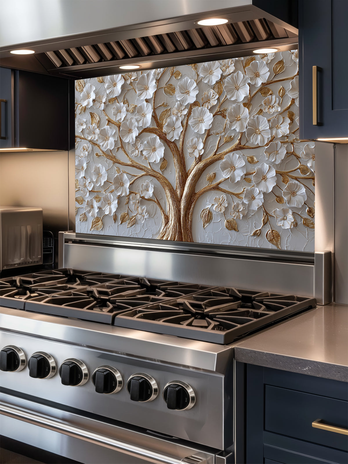Faux 3D sculpted relief of a floral tree with pearl-white blossoms and heavy molten gold branches on a textured champagne background, UV printed on a smooth tempered glass kitchen backsplash.