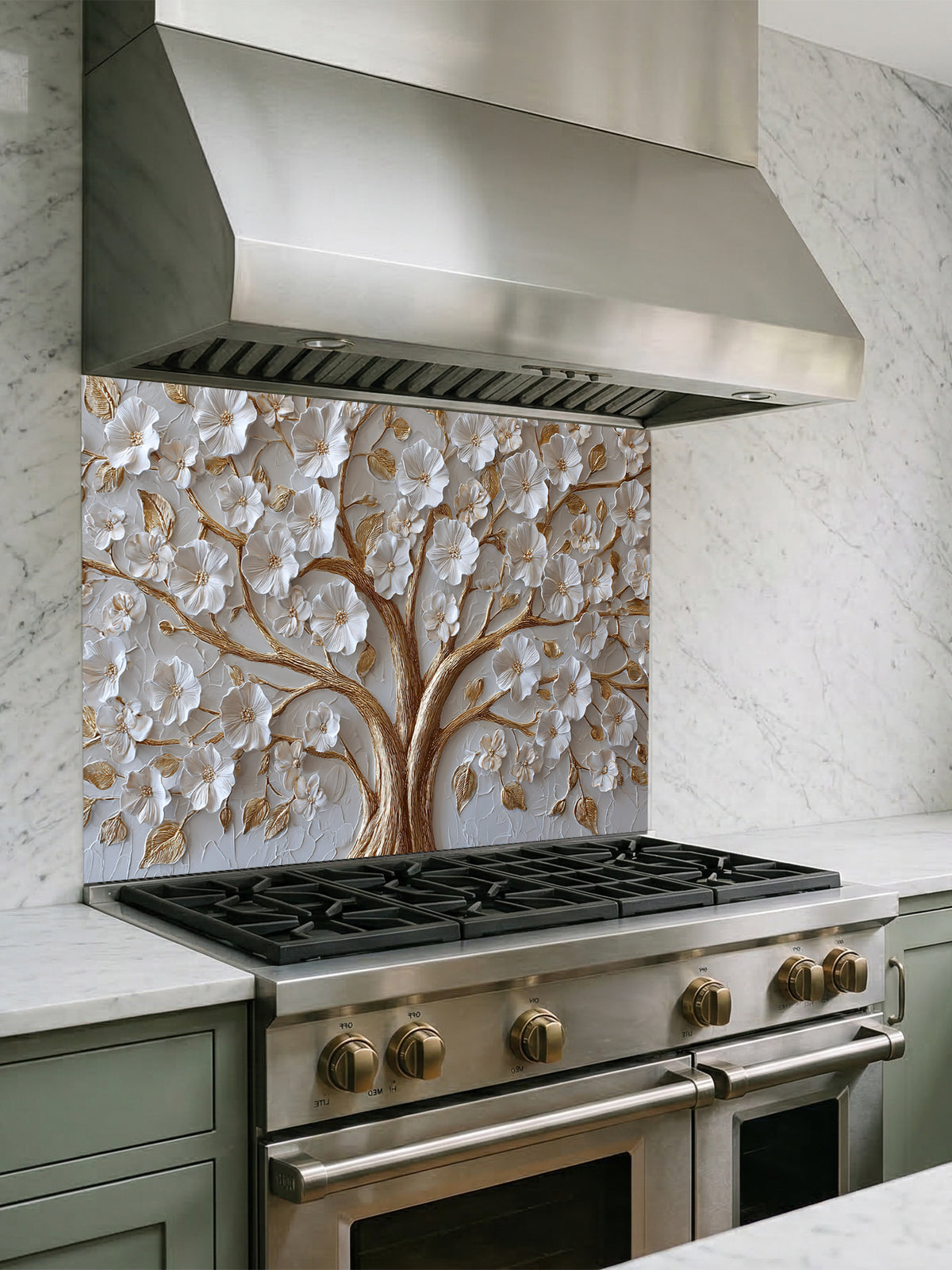 Faux 3D sculpted relief of a floral tree with pearl-white blossoms and heavy molten gold branches on a textured champagne background, UV printed on a smooth tempered glass kitchen backsplash.