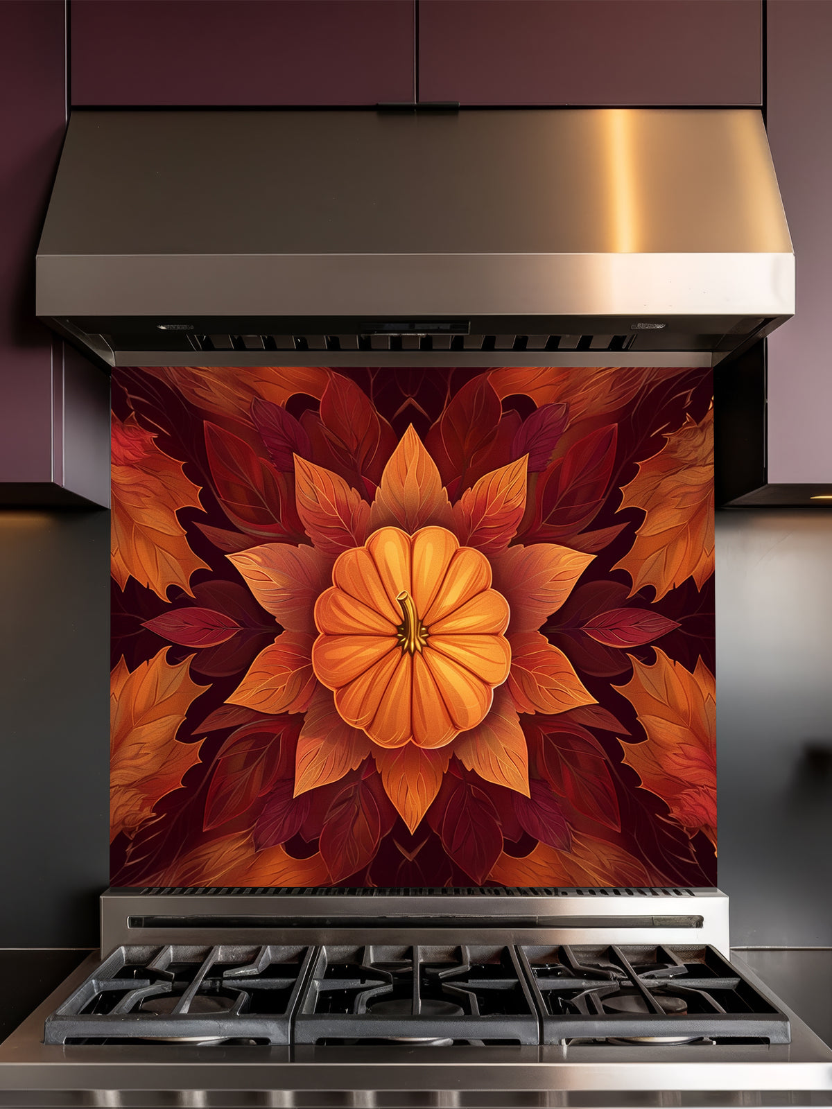Faux 3D effect symmetrical pumpkin mandala surrounded by rich orange and burgundy autumn leaves, UV printed on a smooth tempered glass kitchen backsplash.