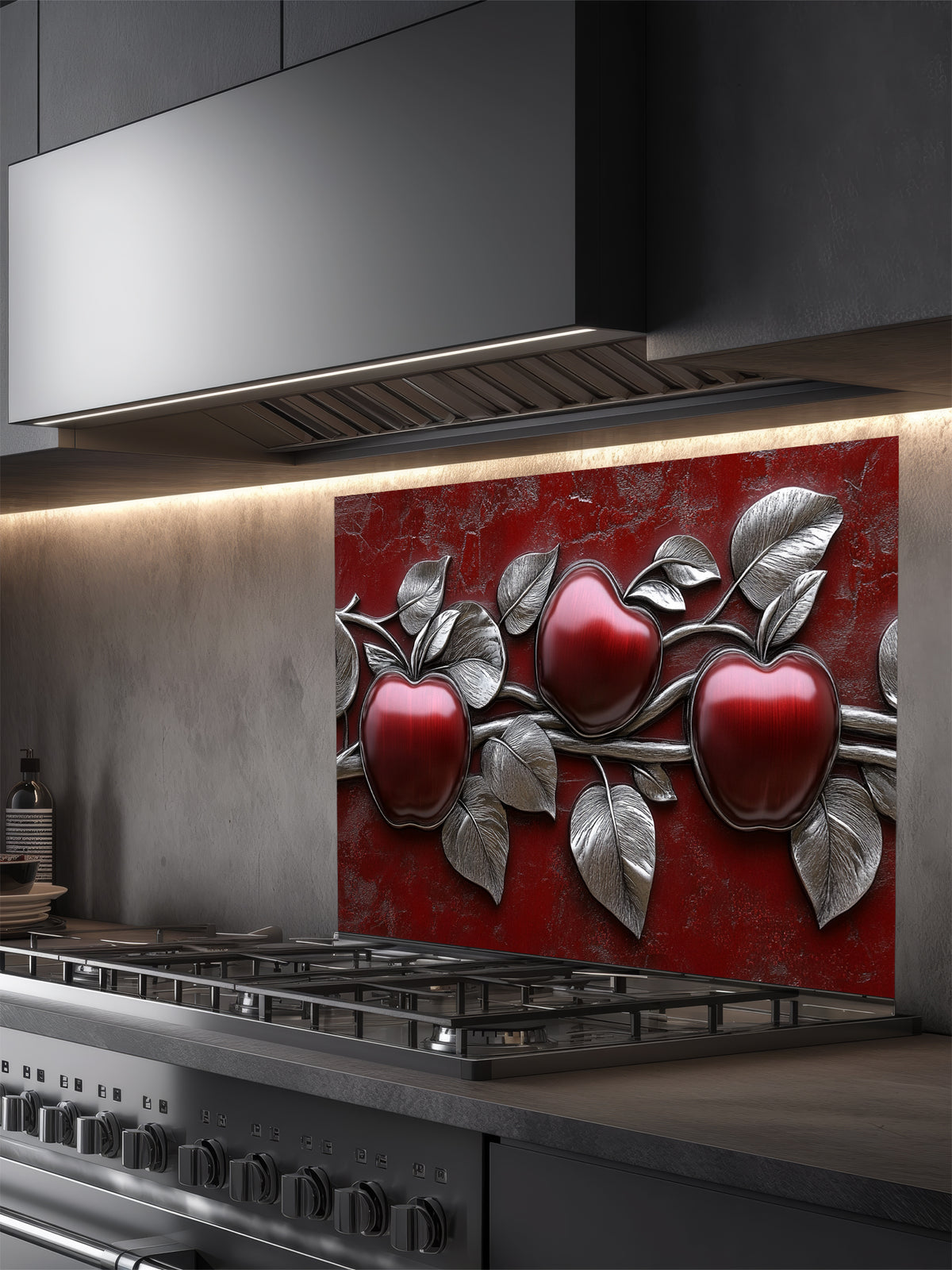 Faux 3D effect glossy red apples and metallic silver leaves on a textured crimson background, UV printed on a smooth tempered glass kitchen backsplash.