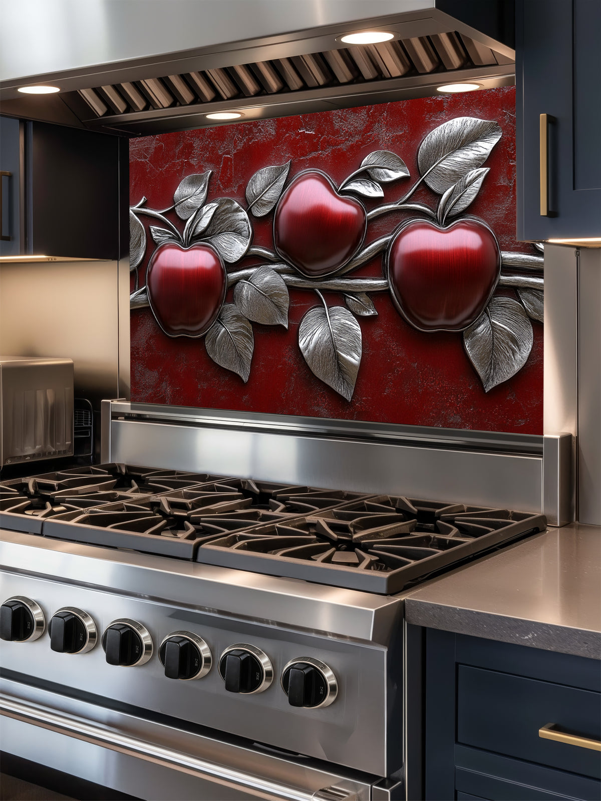 Faux 3D effect glossy red apples and metallic silver leaves on a textured crimson background, UV printed on a smooth tempered glass kitchen backsplash.