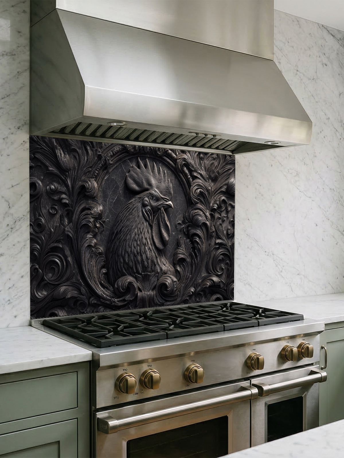 Faux 3D effect dark stone relief carving of a rooster and ornate scrollwork, UV printed on a smooth tempered glass kitchen backsplash, installed behind a modern stove.