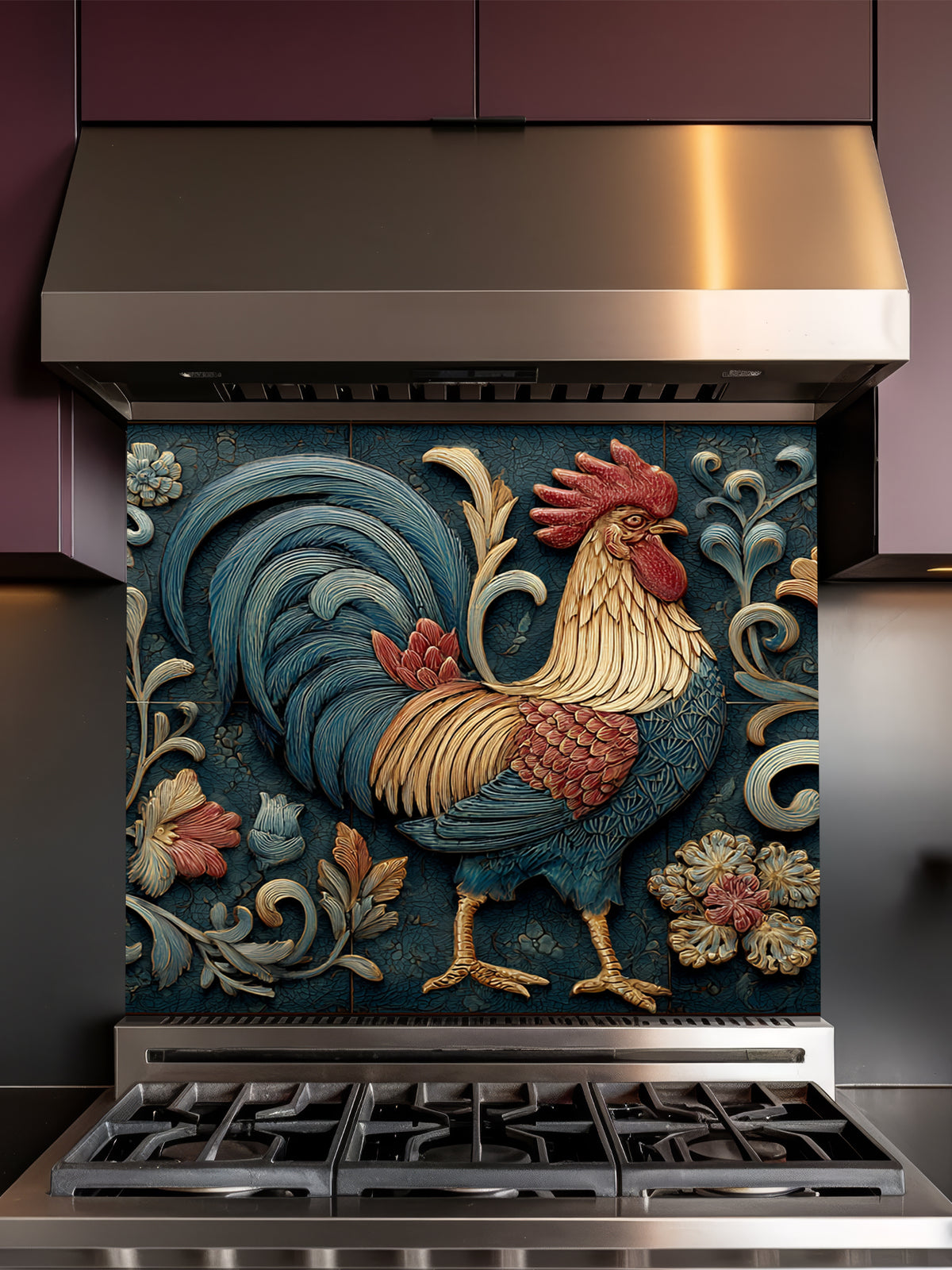 Faux 3D carved relief of a majestic rooster and floral motifs in teal and rust tones, UV printed on a smooth tempered glass kitchen backsplash.