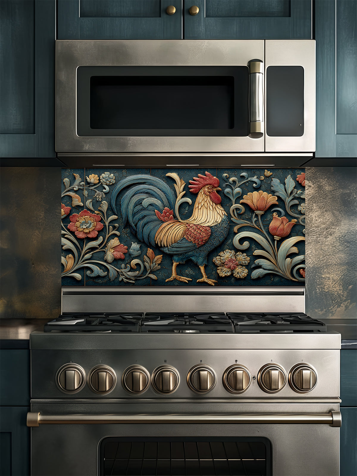 Faux 3D carved relief of a majestic rooster and floral motifs in teal and rust tones, UV printed on a smooth tempered glass kitchen backsplash.