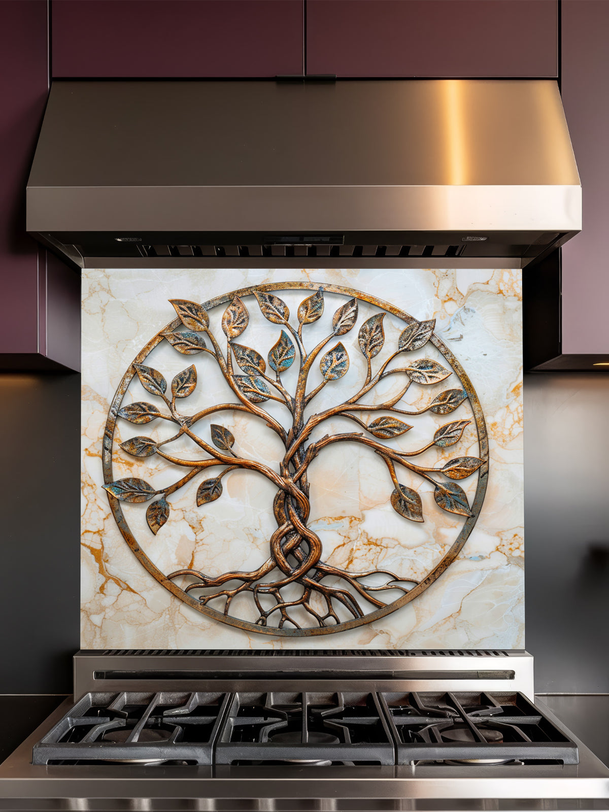 Faux 3D effect weathered rustic bronze and copper Tree of Life sculpture with patina accents on a warm cream marble background, UV printed on a smooth tempered glass kitchen backsplash, installed behind a modern stove.