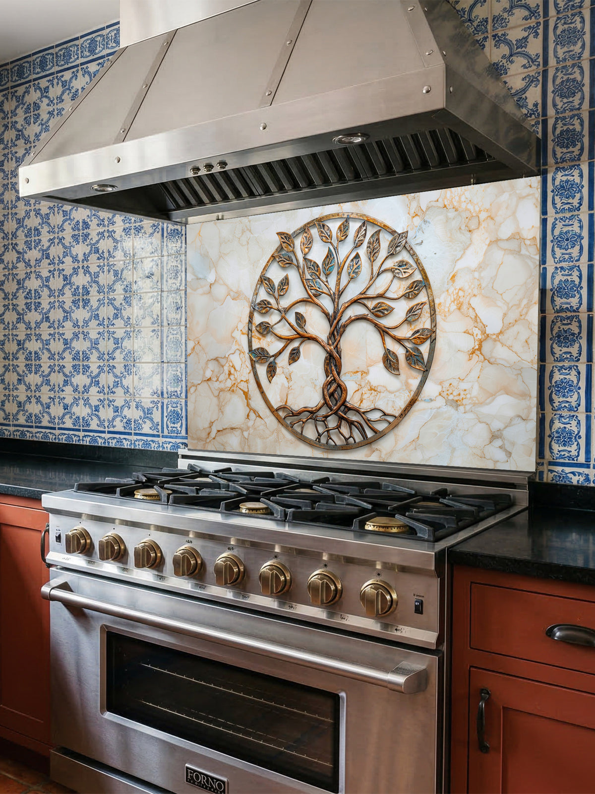 Faux 3D effect weathered rustic bronze and copper Tree of Life sculpture with patina accents on a warm cream marble background, UV printed on a smooth tempered glass kitchen backsplash, installed behind a modern stove.