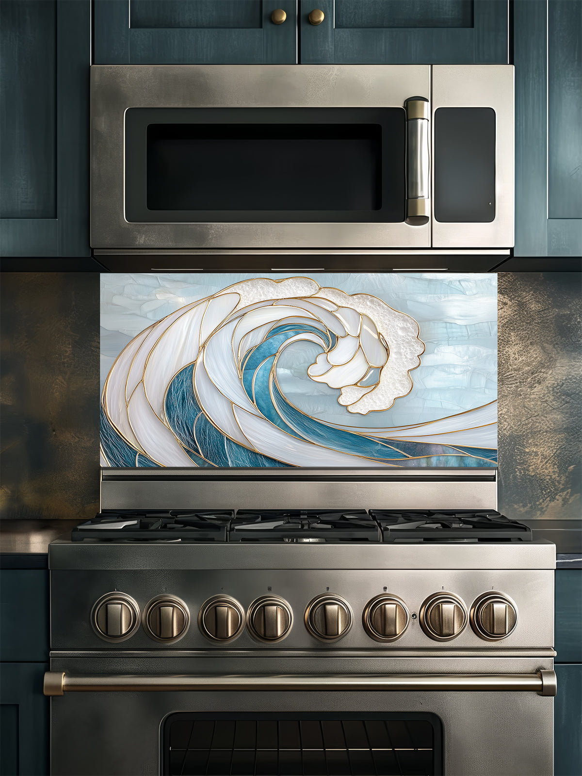 Stainless steel microwave and stove with decorative wave design backsplash in a kitchen setting.