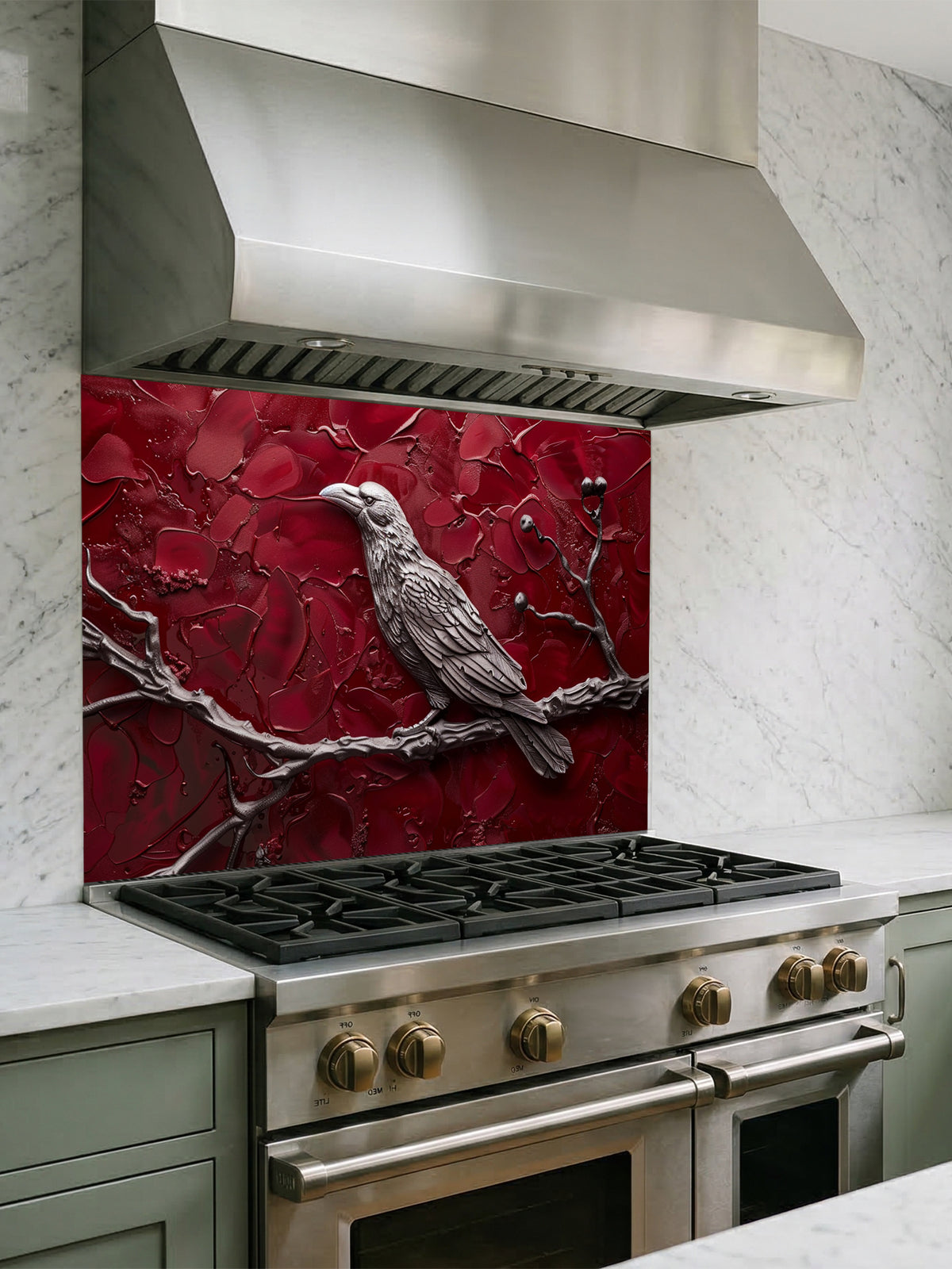 Tempered glass kitchen backsplash featuring a highly realistic 3D illusion of a sculpted metallic raven perched on a branch with berries against a heavily textured, thick impasto crimson red background, installed behind a modern black stove.