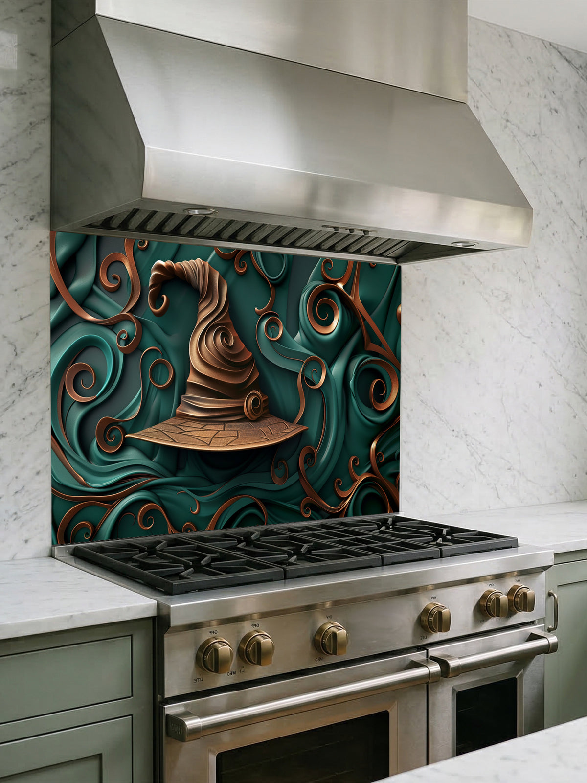 Tempered glass kitchen backsplash featuring a highly realistic 3D illusion of a sculpted, crooked bronze witch hat surrounded by heavy, flowing emerald green and copper ribbon-like swirls, installed behind a modern black stove.