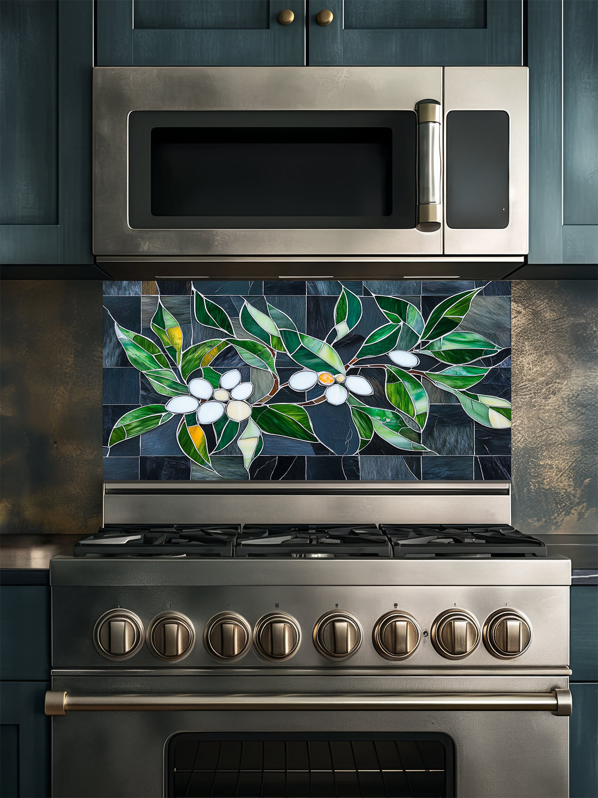 Tempered glass kitchen backsplash featuring a highly realistic 3D illusion of stained glass white blossoms and emerald green leaves integrated into a background of dark charcoal grey textured slate tiles, installed behind a modern black stove.
