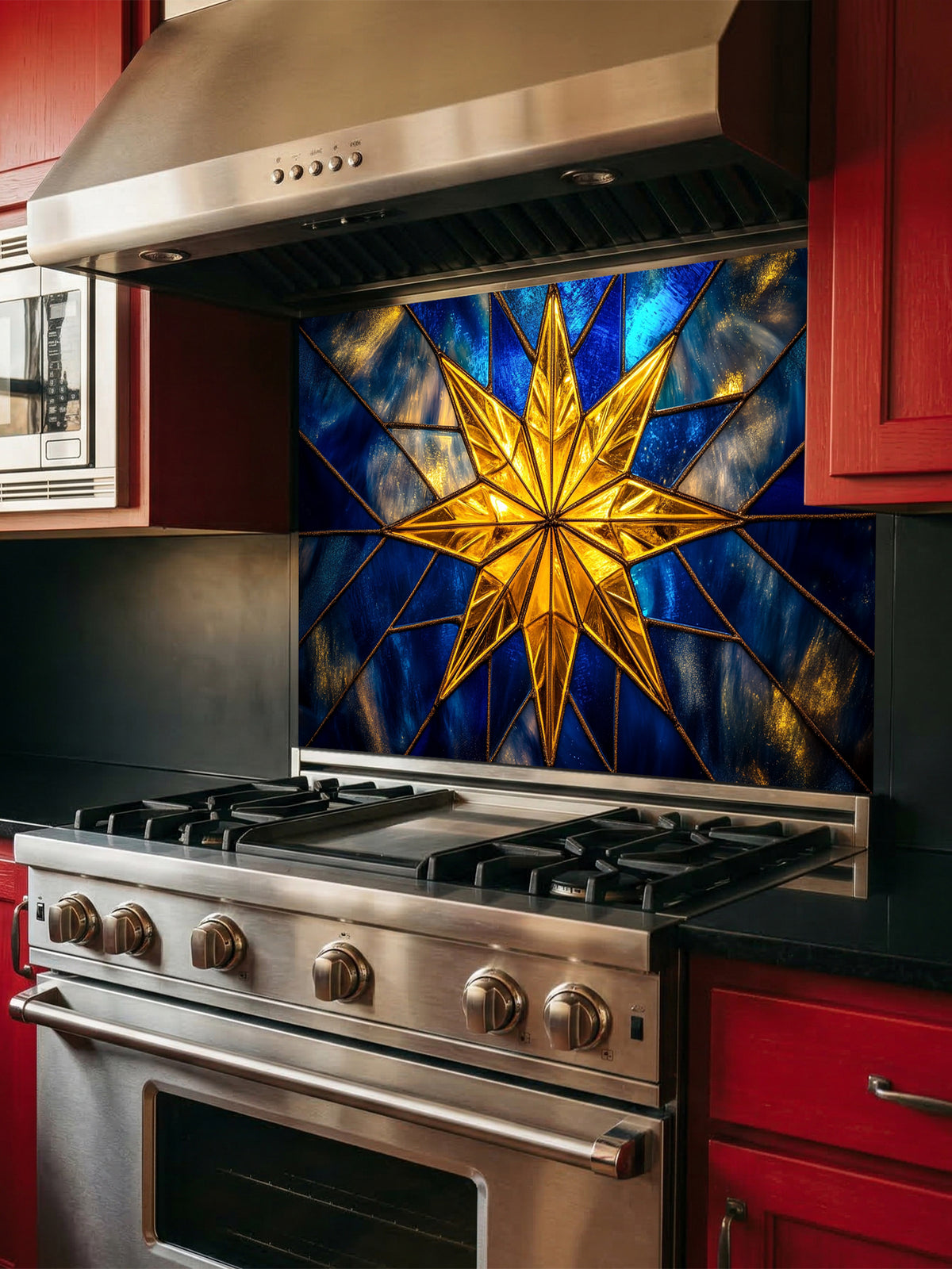 Tempered glass kitchen backsplash featuring a highly realistic 3D illusion of stained glass art showing a brilliant, glowing golden starburst or compass rose radiating against a deep sapphire blue background with faux gold lead lines, installed behind a modern stainless steel stove.