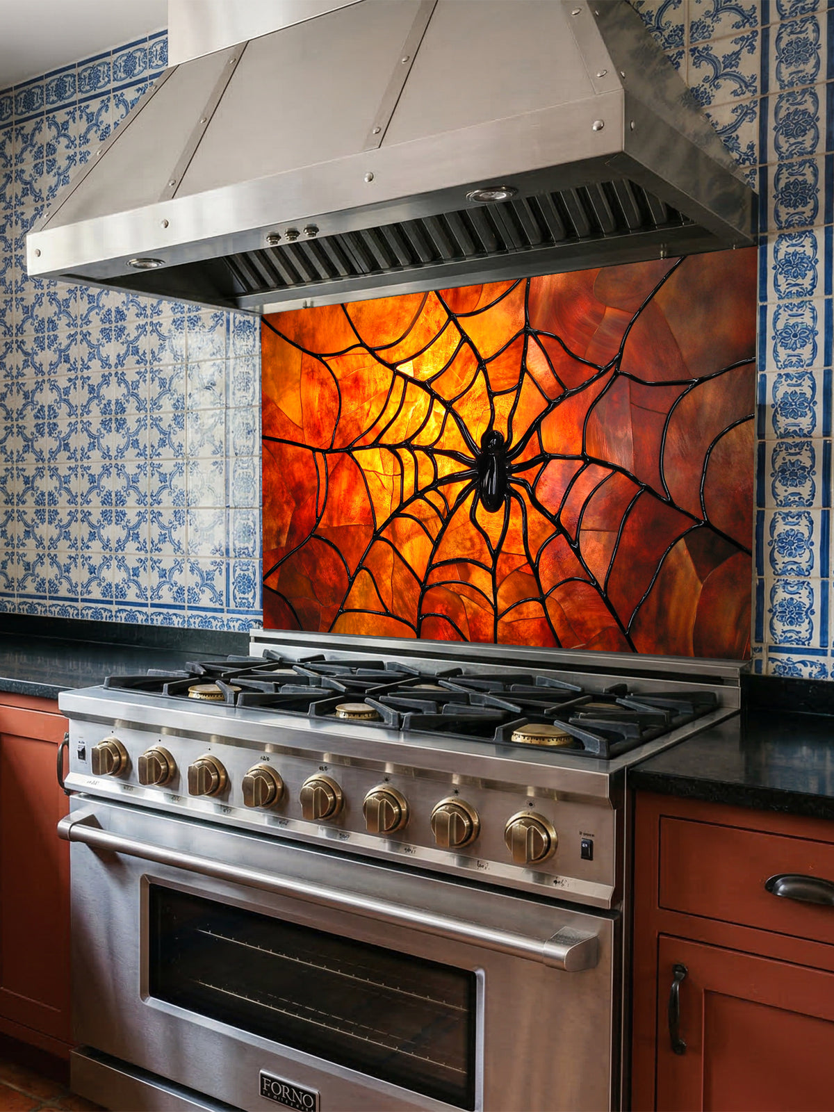 Tempered glass kitchen backsplash featuring a highly realistic 3D illusion of stained glass art showing a black spider in the center of a glowing amber and orange spider web, installed behind a modern black stove.