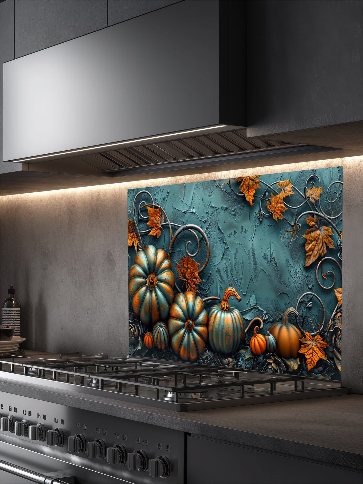Tempered glass kitchen backsplash featuring a highly realistic 3D illusion of embossed teal and orange pumpkins surrounded by whimsical copper vines and autumn leaves against a textured dark teal background, installed behind a modern black stove.