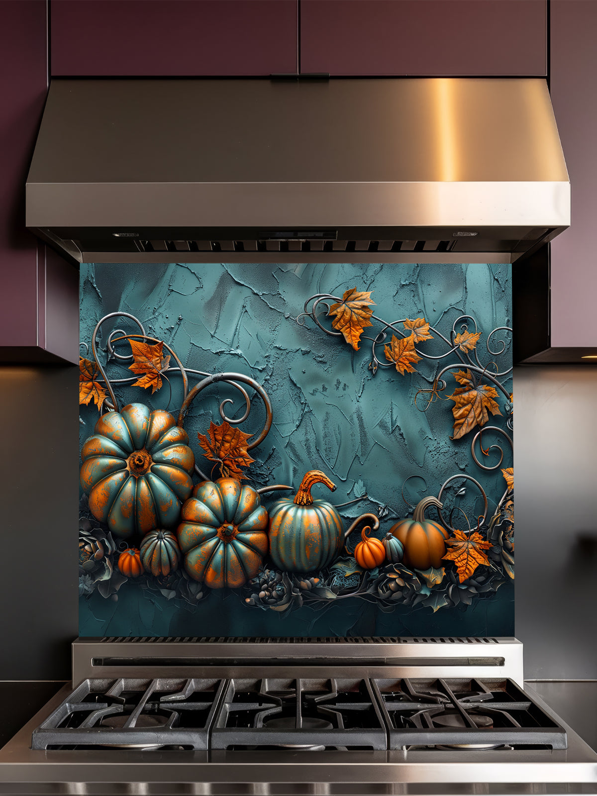 Tempered glass kitchen backsplash featuring a highly realistic 3D illusion of embossed teal and orange pumpkins surrounded by whimsical copper vines and autumn leaves against a textured dark teal background, installed behind a modern black stove.