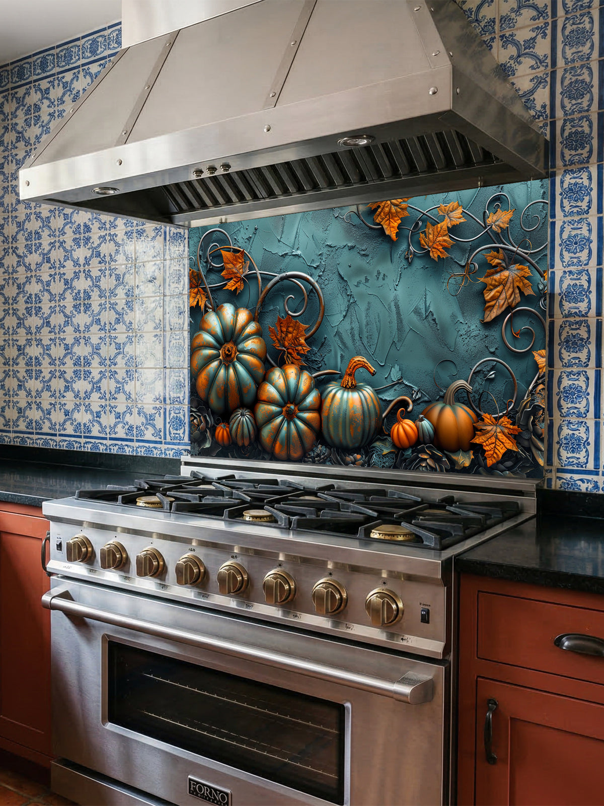 Tempered glass kitchen backsplash featuring a highly realistic 3D illusion of embossed teal and orange pumpkins surrounded by whimsical copper vines and autumn leaves against a textured dark teal background, installed behind a modern black stove.