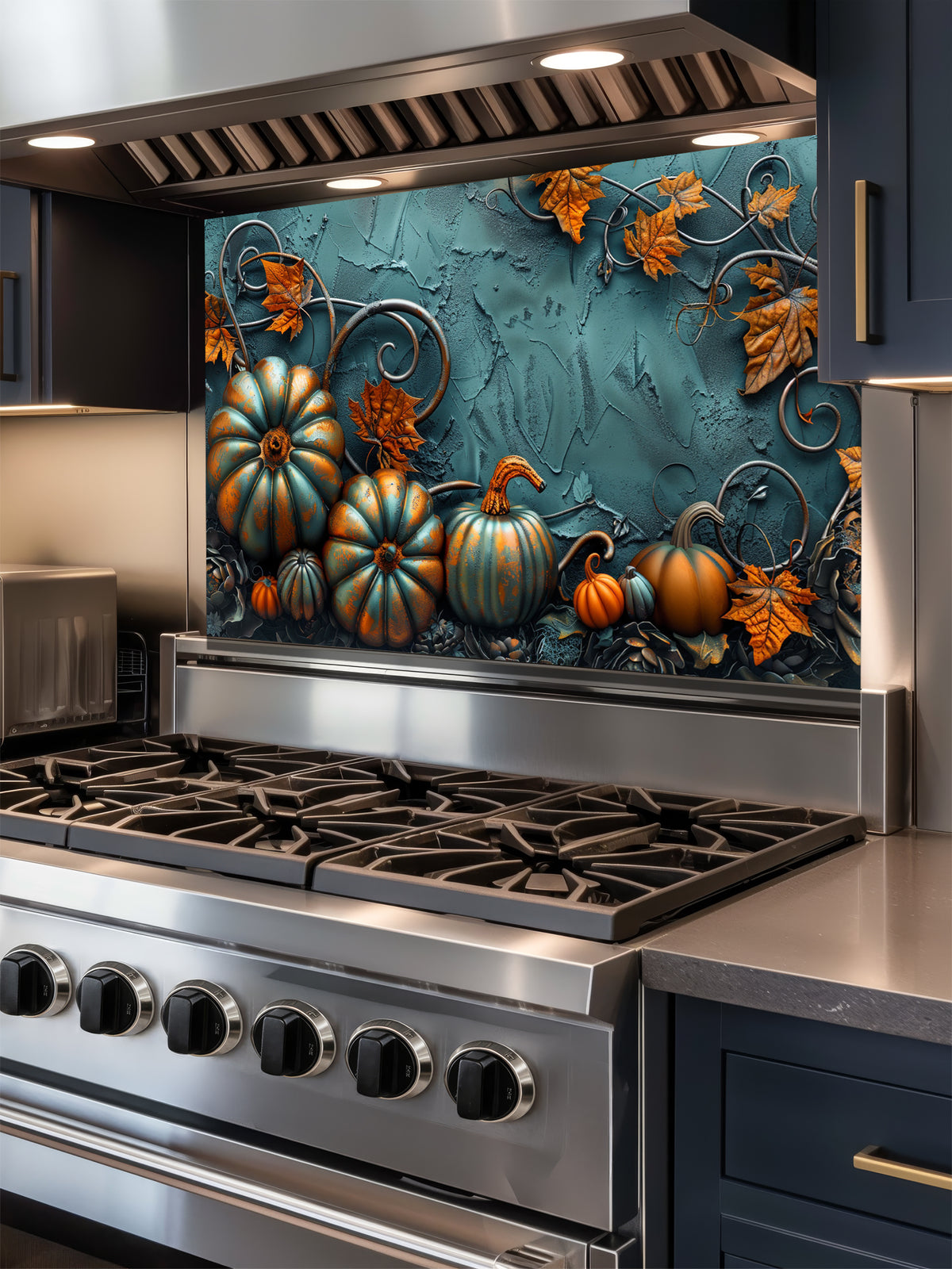 Tempered glass kitchen backsplash featuring a highly realistic 3D illusion of embossed teal and orange pumpkins surrounded by whimsical copper vines and autumn leaves against a textured dark teal background, installed behind a modern black stove.