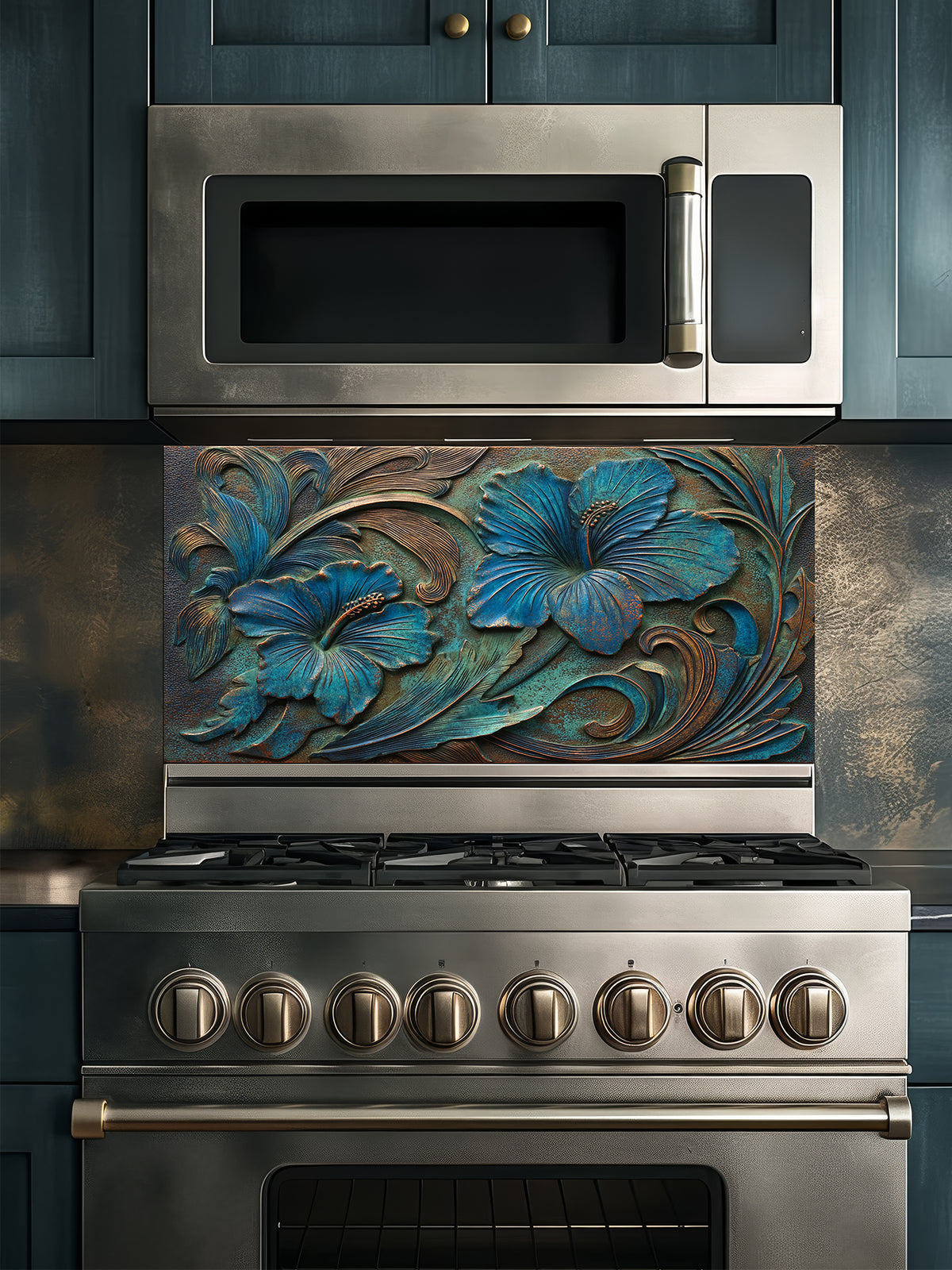 Tempered glass kitchen backsplash featuring a highly realistic 3D faux metal relief design of large tropical hibiscus flowers with a rich teal patina and antique copper accents over a dark textured background, installed behind a modern stainless steel stove.