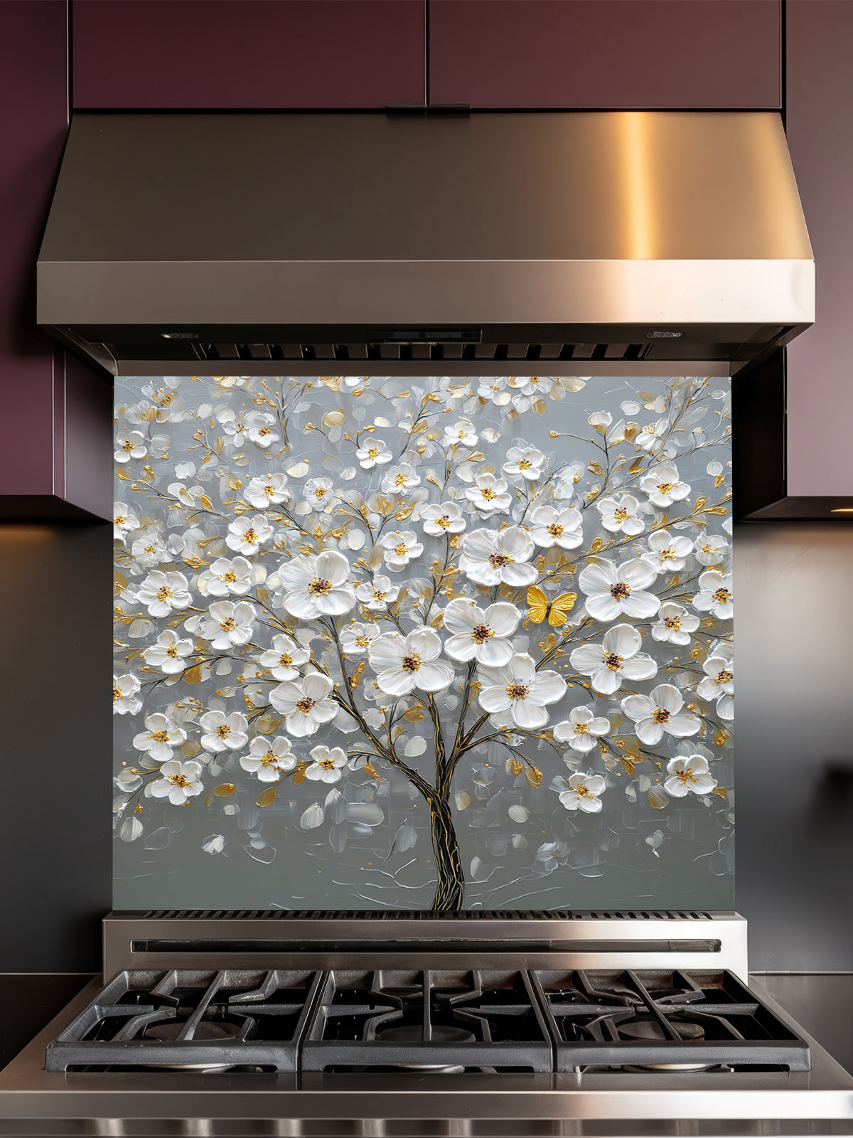 "Faux 3D impasto style painting of a white floral tree with golden accents and a yellow butterfly on a grey background, UV printed on a smooth tempered glass kitchen backsplash."