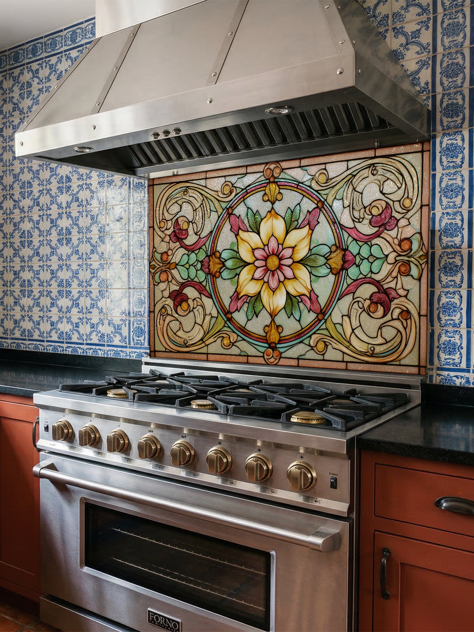 a modern kitchen with a stainless steel oven and a colorful stained glass backsplash above it. The backsplash displays a floral design in various colors.