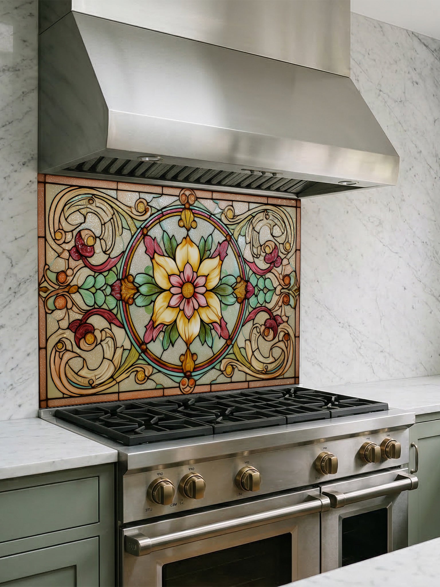 a modern kitchen with a stainless steel range hood and a colorful, ornate backsplash above the stove.