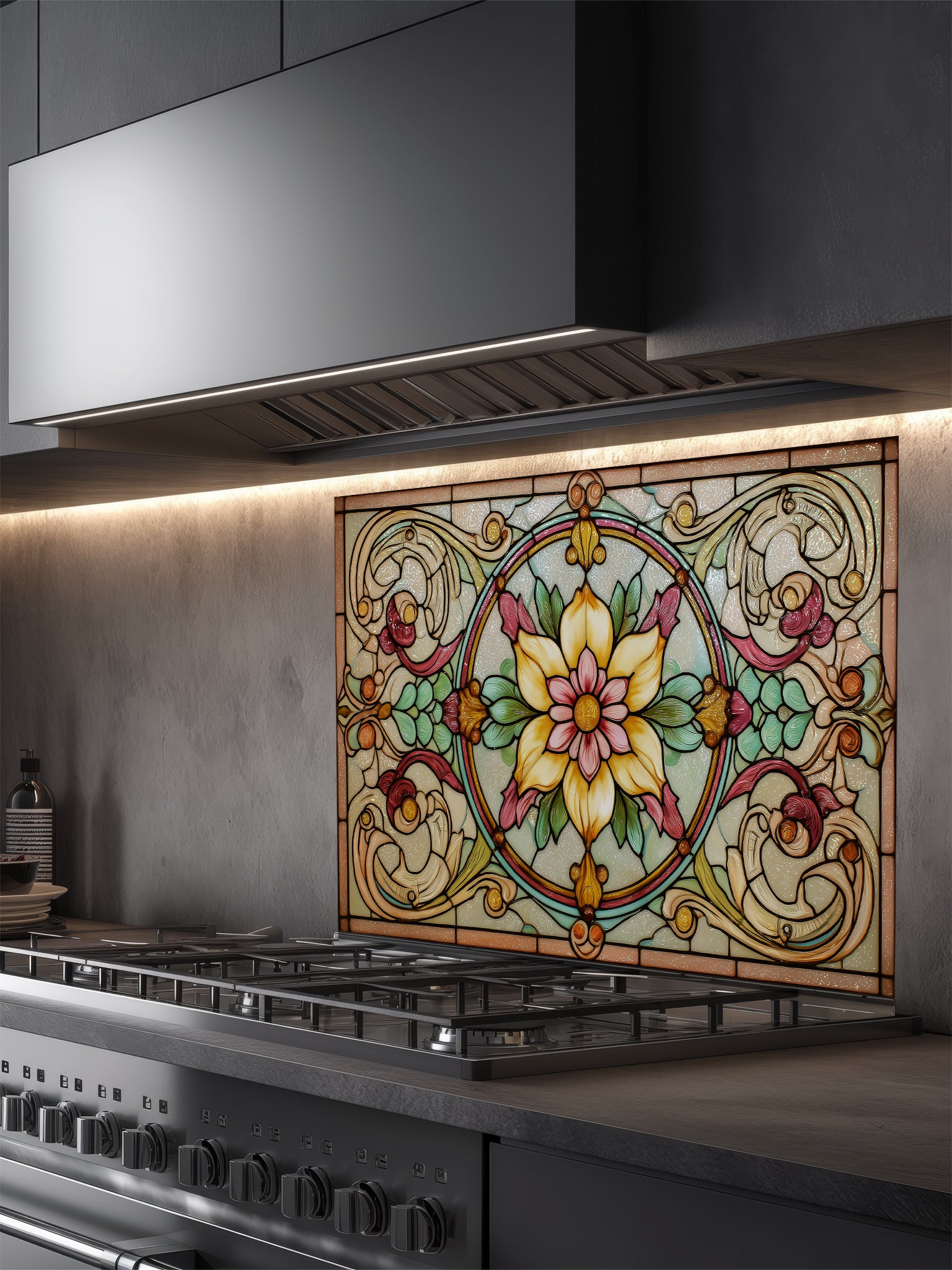 A classic kitchen featuring a tempered glass backsplash with a vintage Art Nouveau floral stained glass design in warm amber and pink colors, installed behind a modern stainless steel stove.