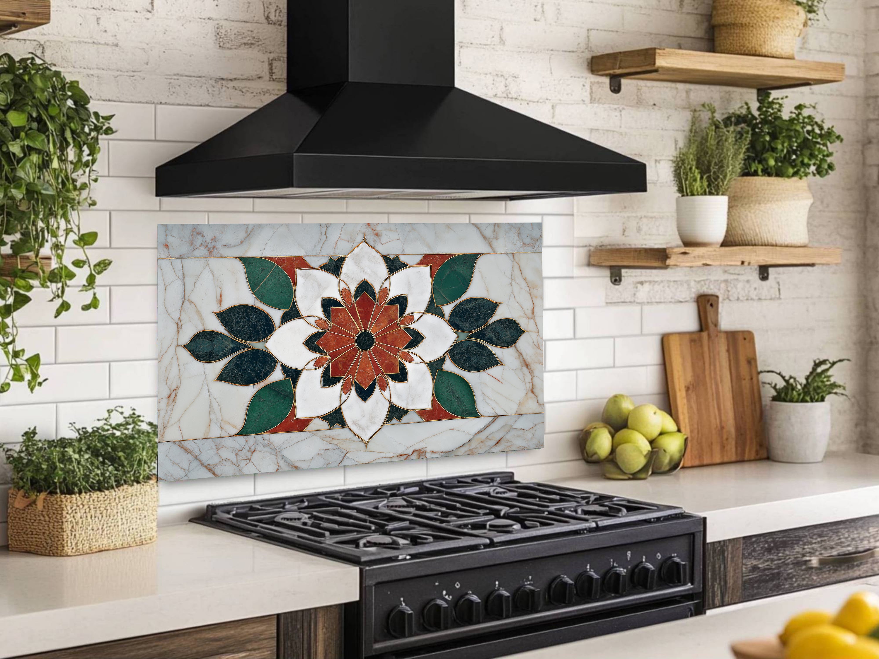 Luxury Marble & Floral Mandala Glass Stove Backsplash | Heat-Resistant Kitchen Splashback