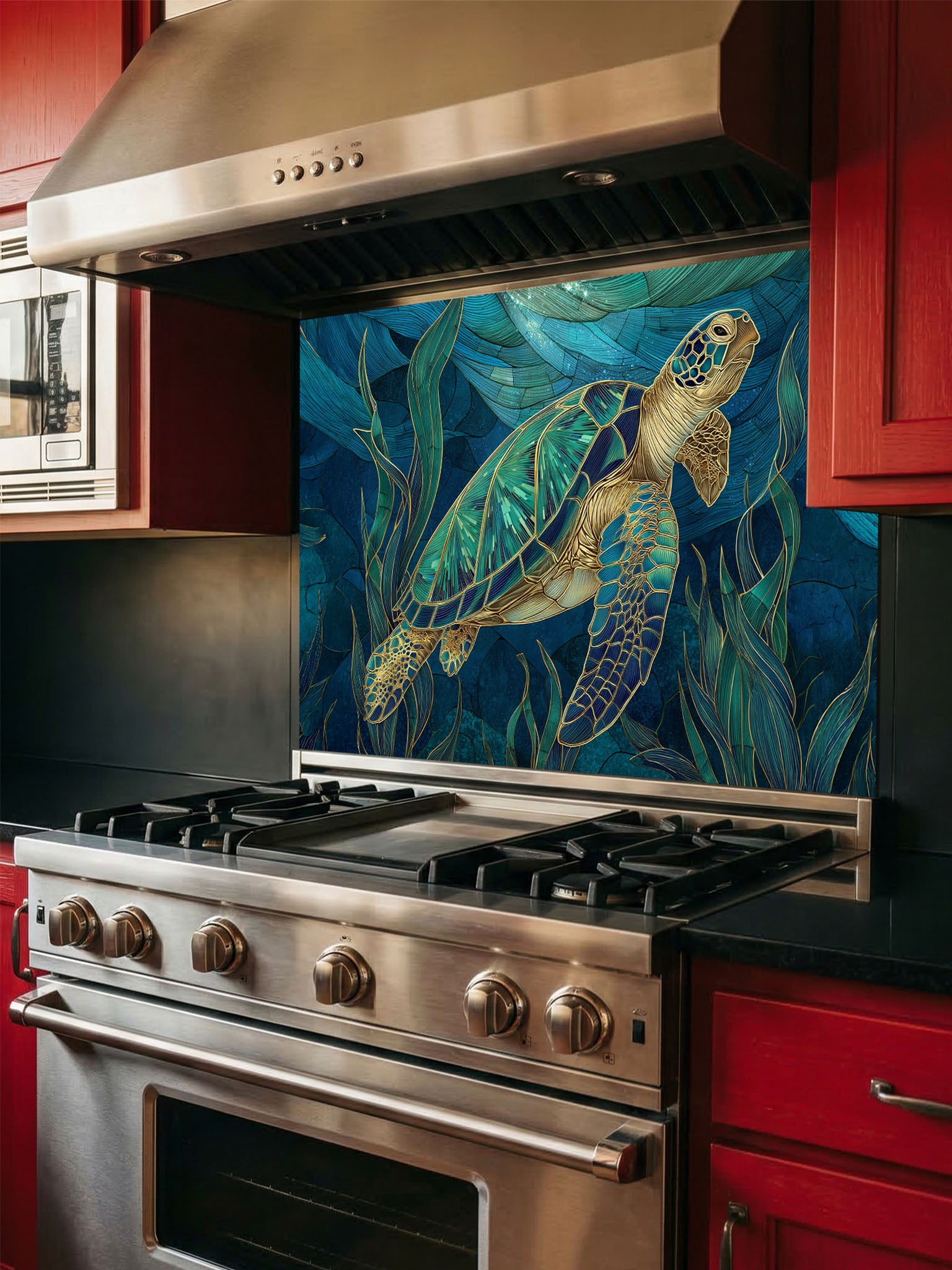 Tempered glass kitchen backsplash featuring an elegant stained glass style sea turtle swimming in deep blue ocean water, installed behind a modern stainless steel stove.