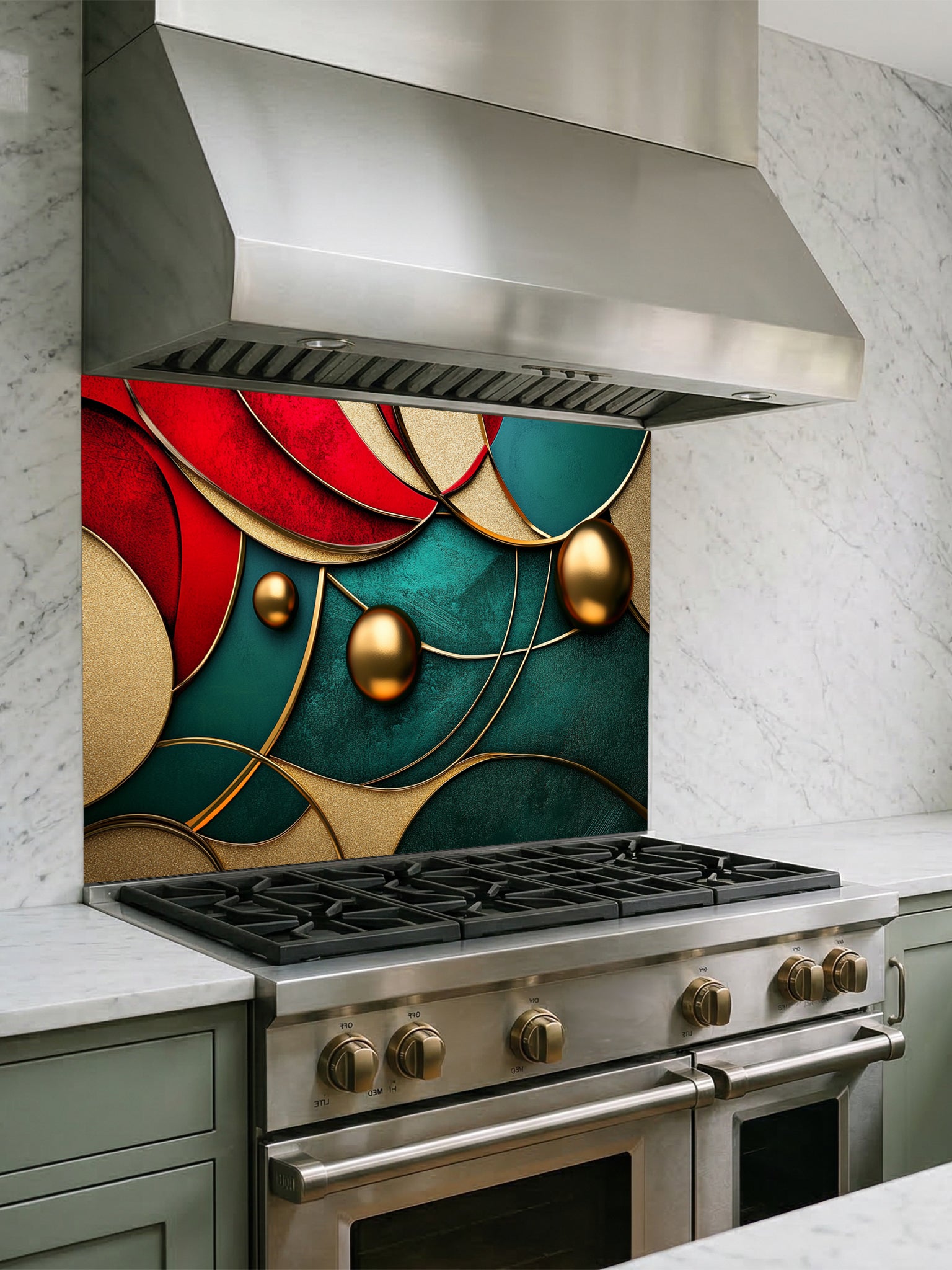Tempered glass kitchen backsplash featuring a highly realistic 3D illusion of abstract overlapping geometric circles and waves in rich ruby red and emerald green with striking gold outlines and floating 3D metallic gold spheres, installed behind a modern stainless steel stove.
