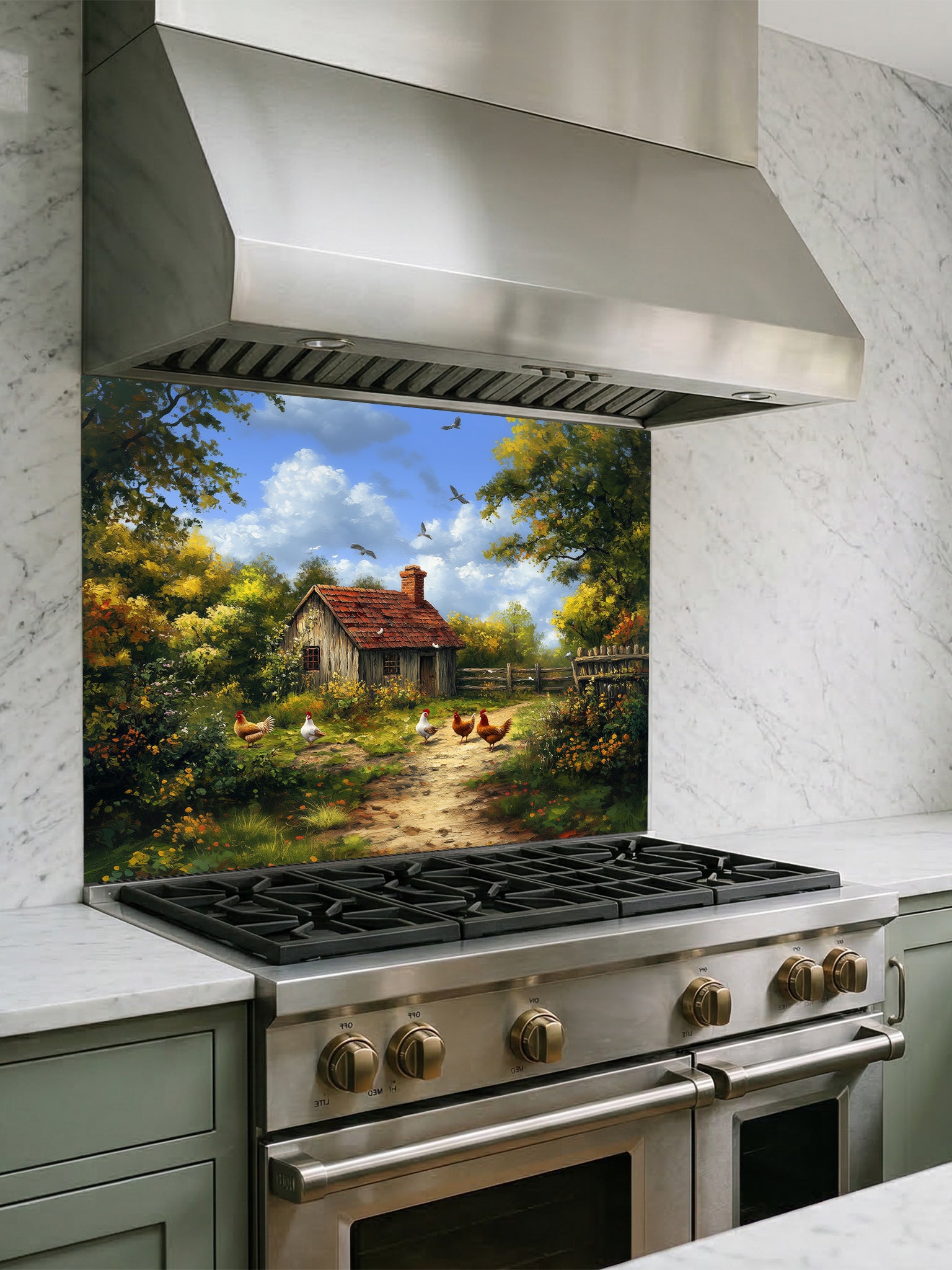 Tempered glass kitchen backsplash featuring a highly realistic illusion of a vintage oil painting showing a rustic farmhouse, lush green trees, and chickens on a dirt path under a blue sky, installed behind a modern stainless steel stove.