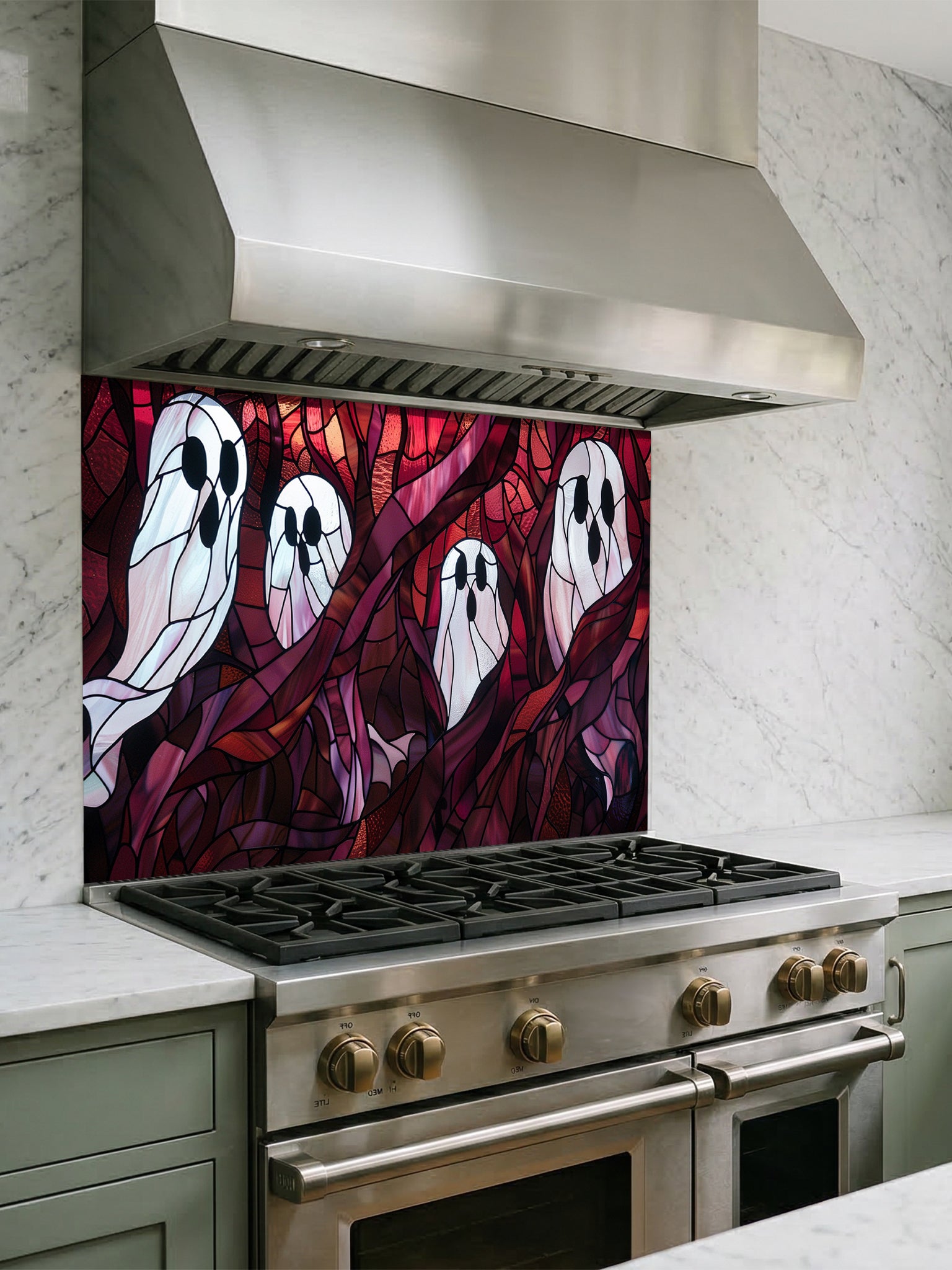 Tempered glass kitchen backsplash featuring a highly realistic 3D illusion of macabre stained glass art showing spooky white ghosts floating among twisted dark red and purple haunted forest branches, installed behind a modern stainless steel stove.